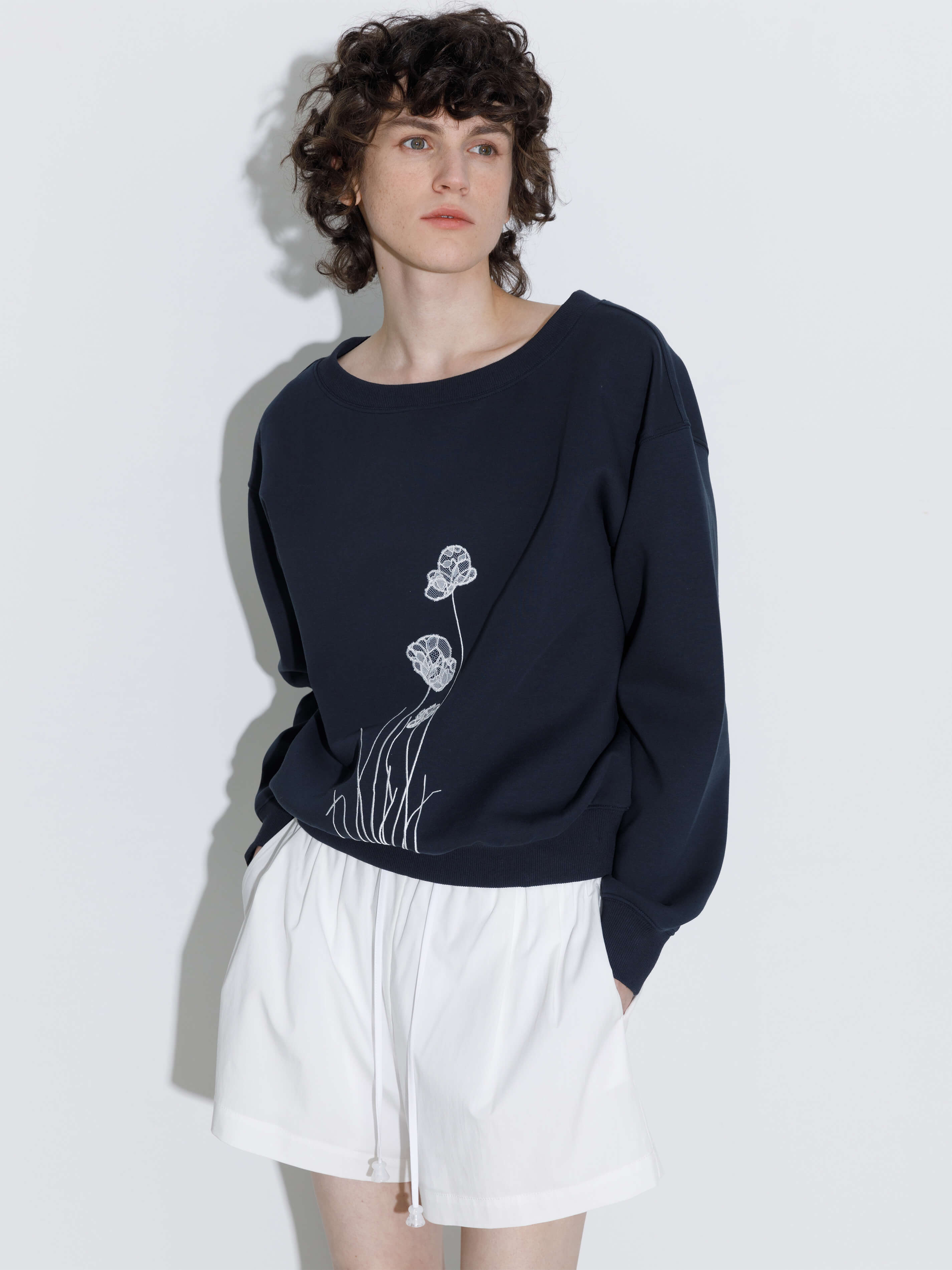 Lace Print Oversized Sweatshirt with Wide Neckline-2