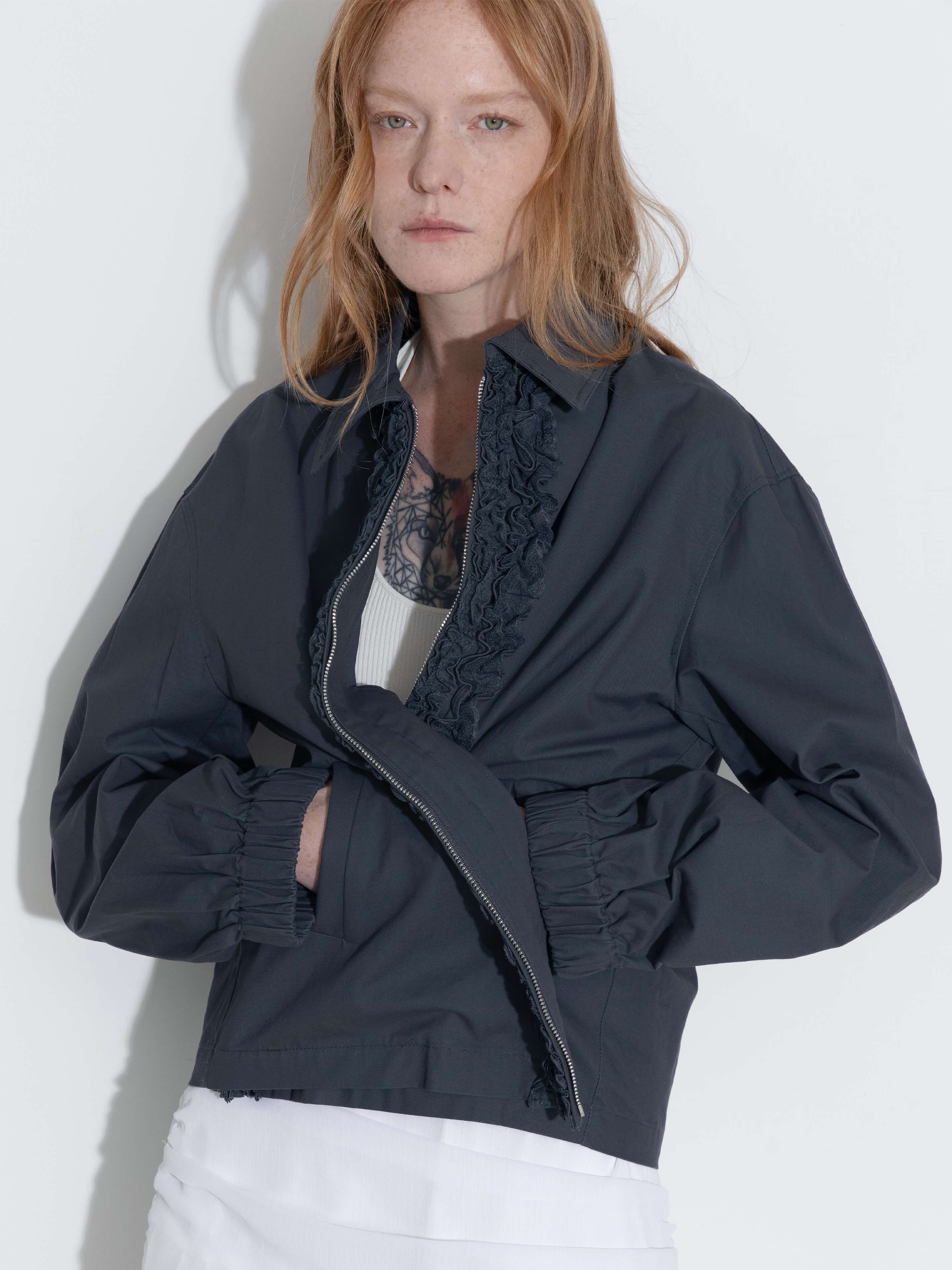 Cotton Ruffles Zipper Jacket with Elastic Cuffs-3