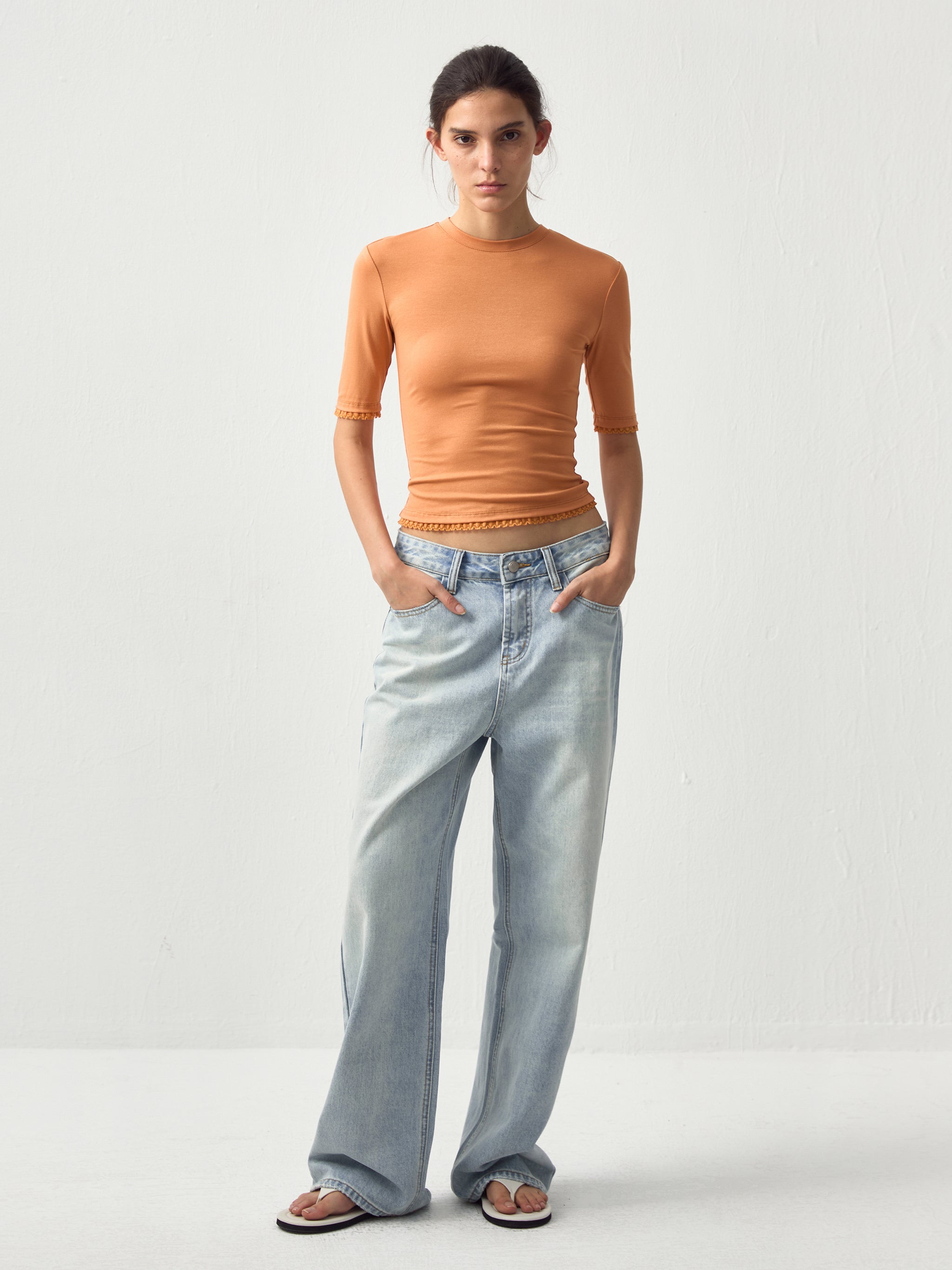 CUBIC Lace Trim Fitted Mid-Sleeve Top-8