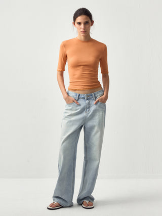 CUBIC Lace Trim Fitted Mid-Sleeve Top