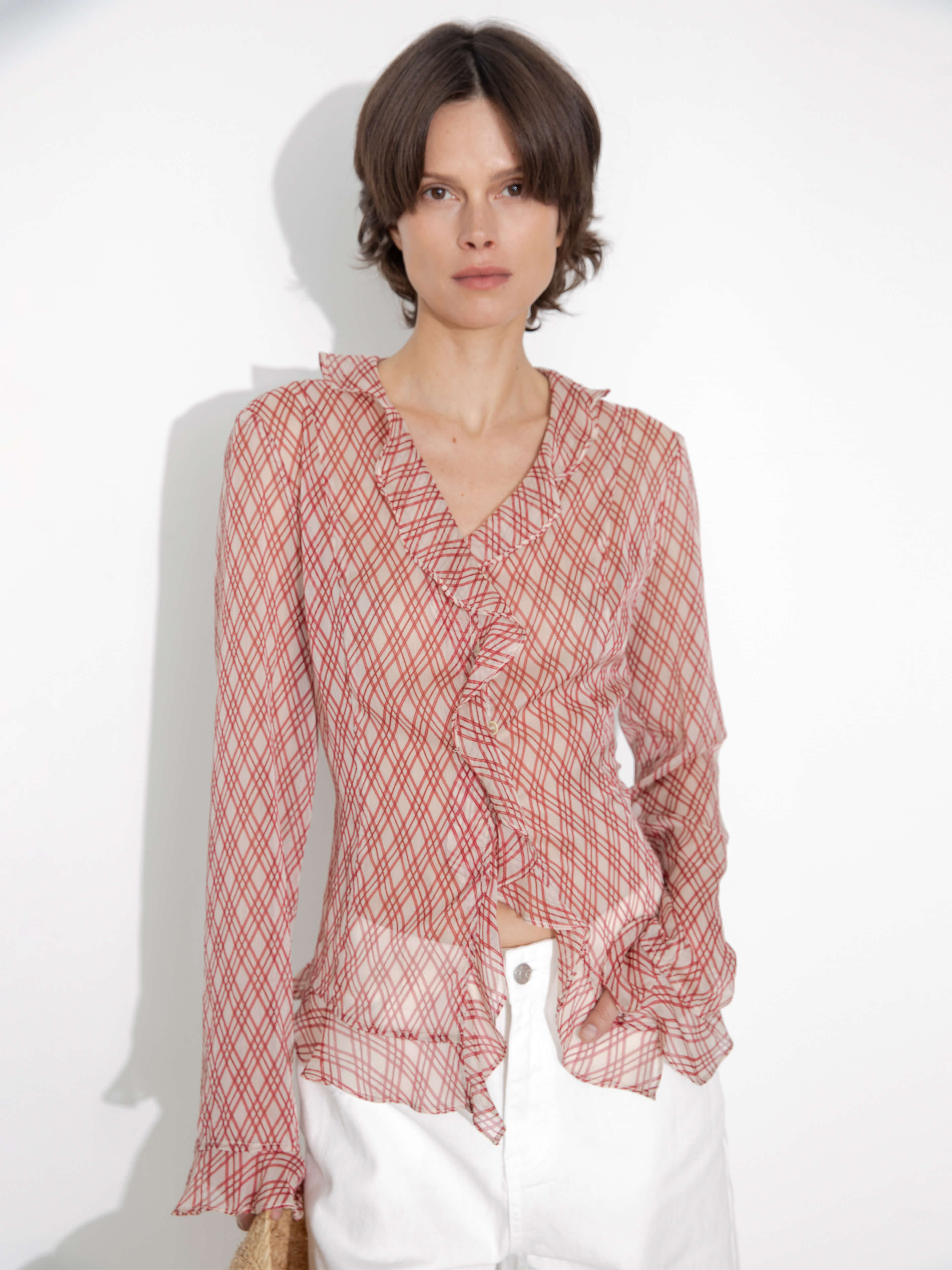 Semi-Sheer Ruffle Trim Check Shirt-11