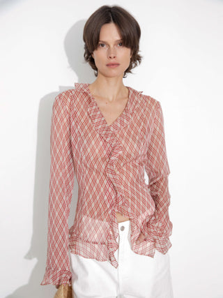 Semi-Sheer Ruffle Trim Check Shirt