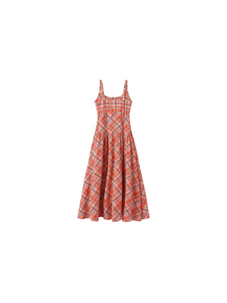 Red Check Print Square Neck Dress