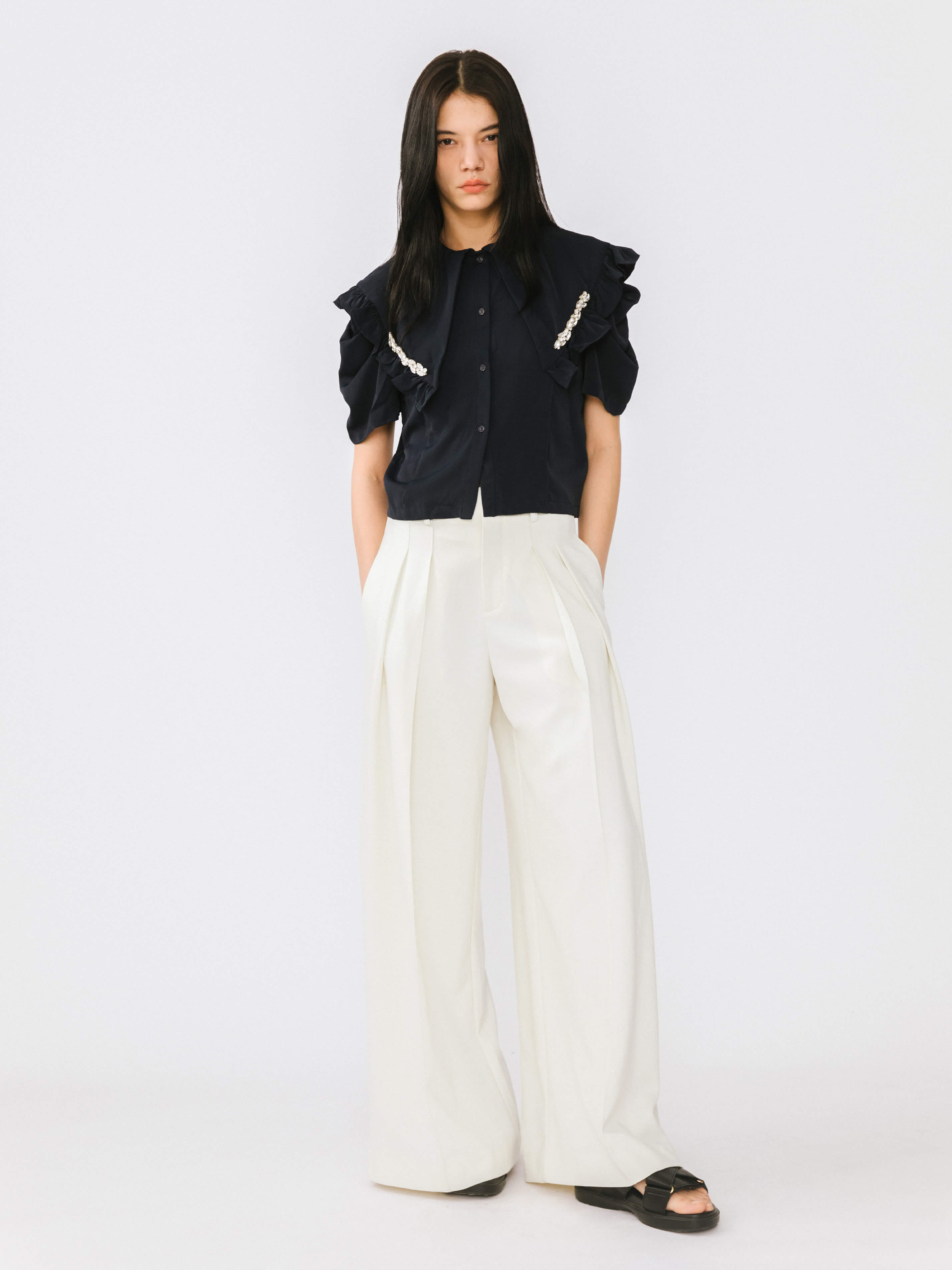 Large Lapel Strass Puff Sleeves T-shirt-8
