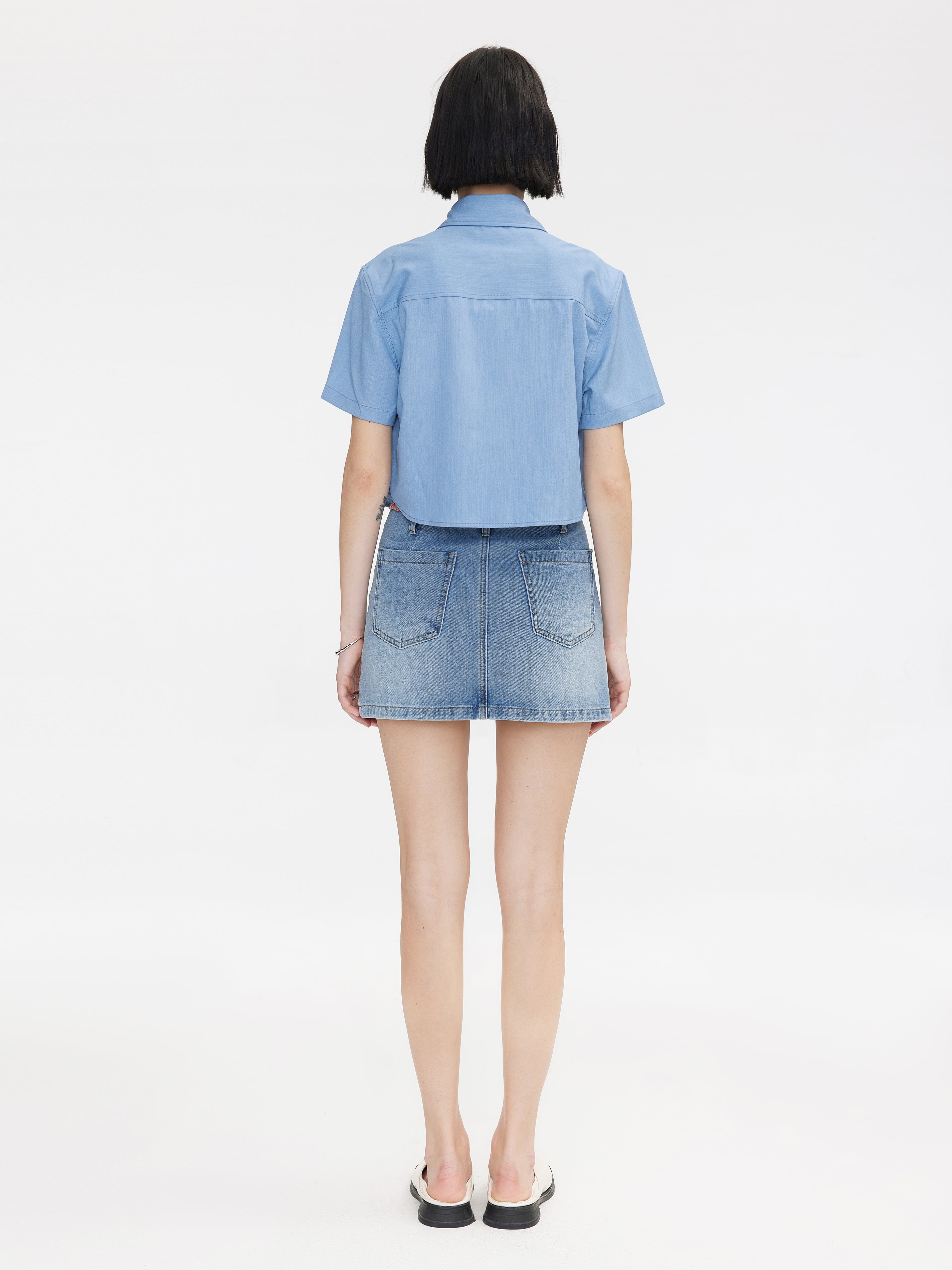 Light Blue Panelled Denim Mini Skirt-5