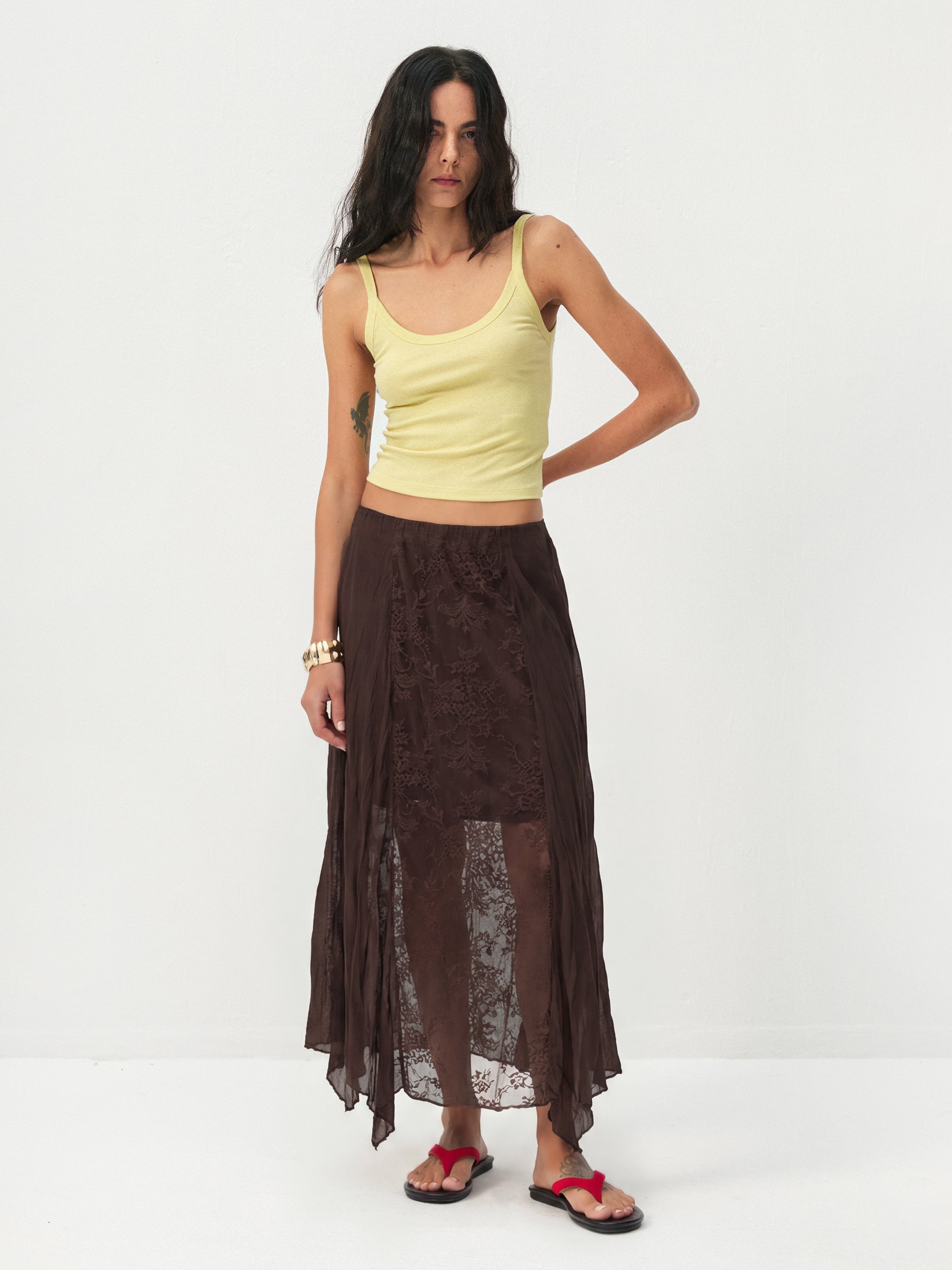 CUBIC Lace-Overlay Asymmetrical Sheer Midi Skirt-8
