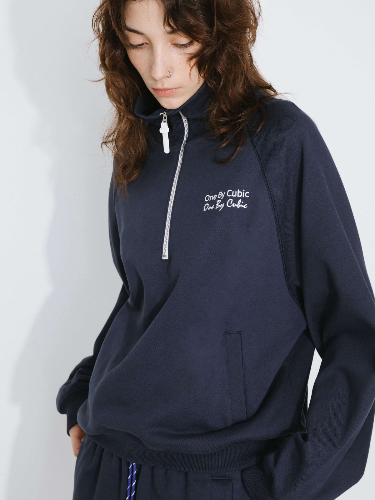 ONE BY CUBIC Collared Half-Zip Embroidered 100% Cotton Sweatshirt-9