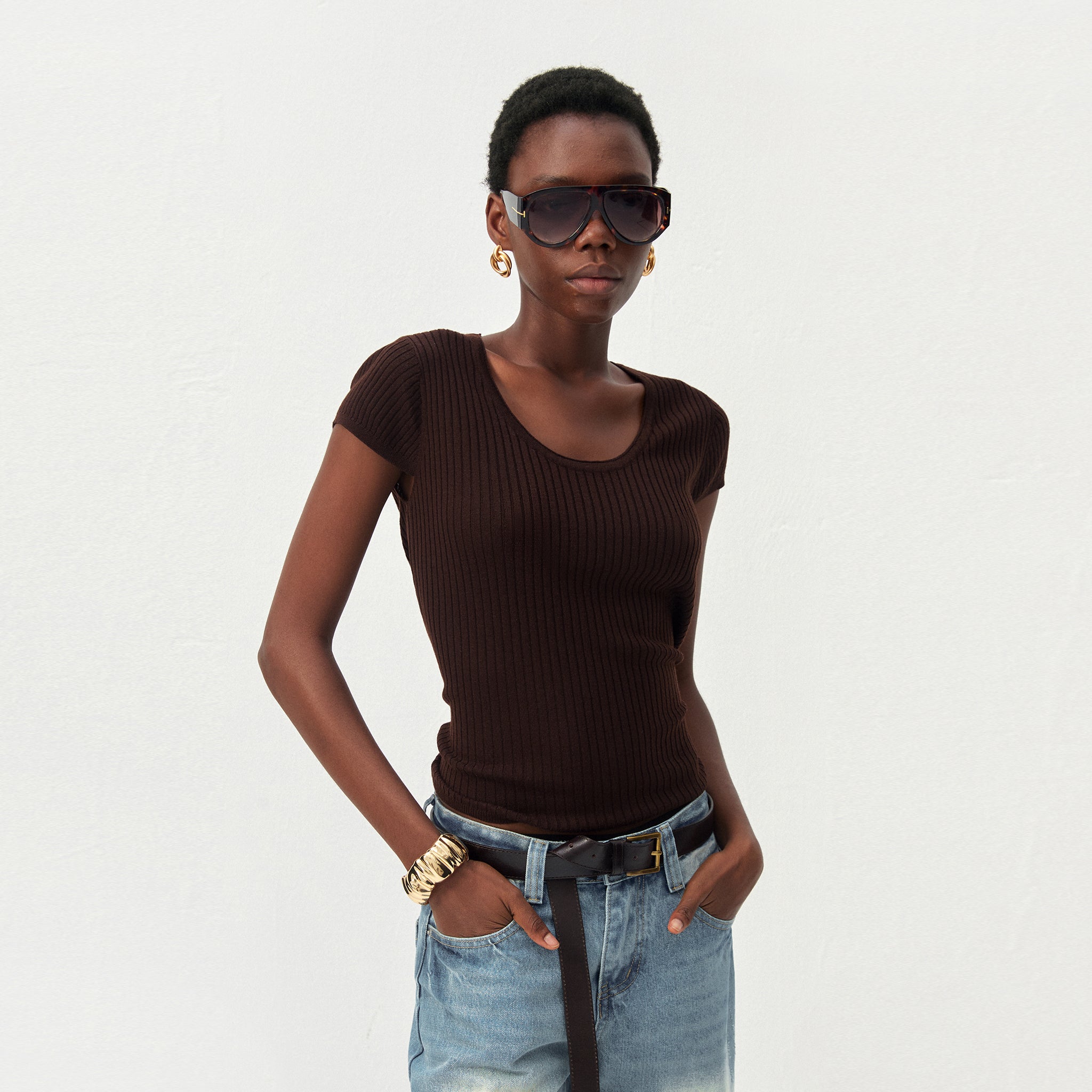 CUBIC Wool-Blend Ribbed Scoop Neck Knit Top-8
