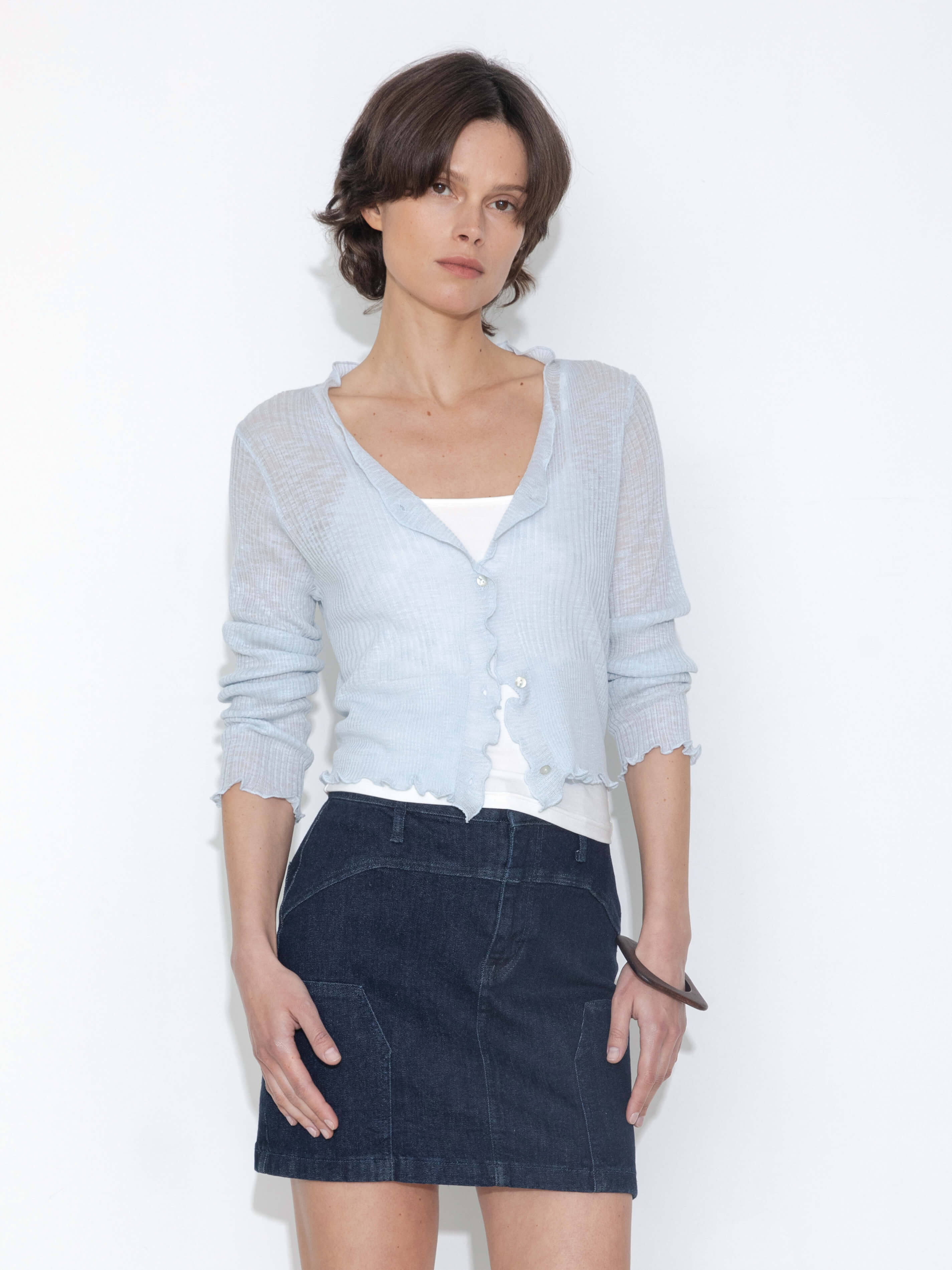 V-Neck Knit Cardigan with Ruffled Long Sleeves-19