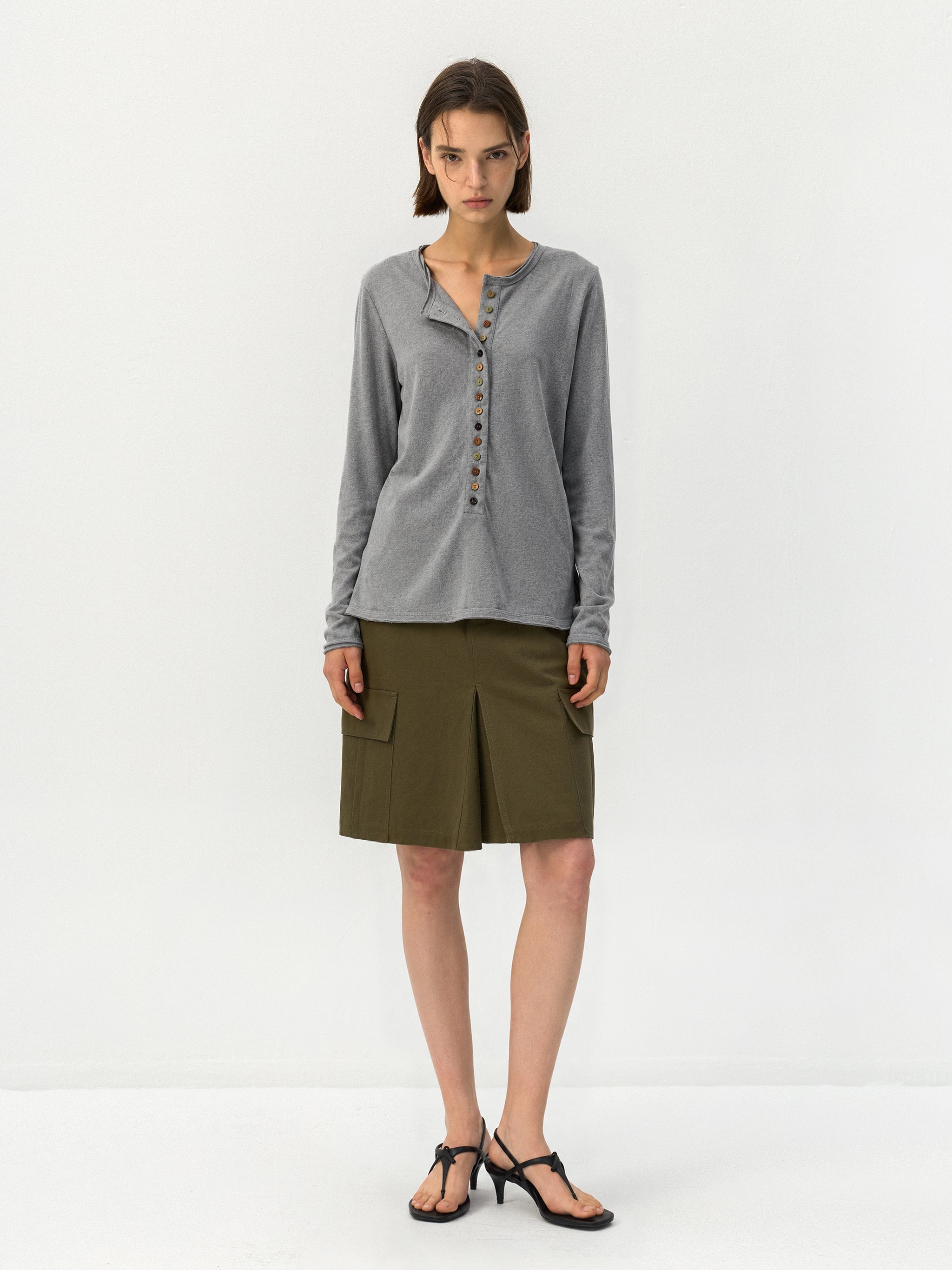 CUBIC Button Front Henley Long Sleeve Top-8