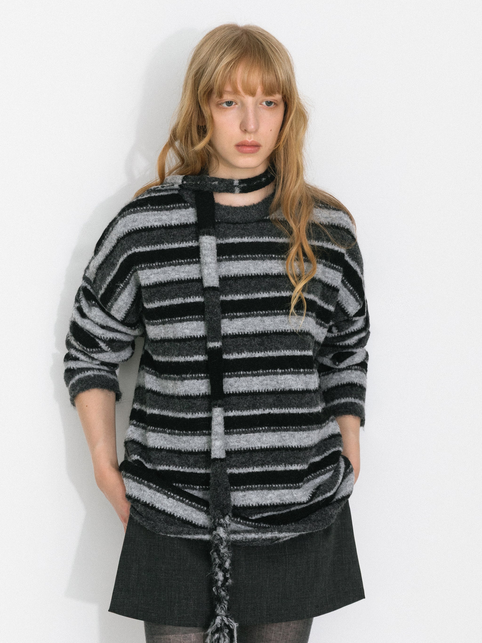 Retro Striped Pullover Sweater with Scarf-8