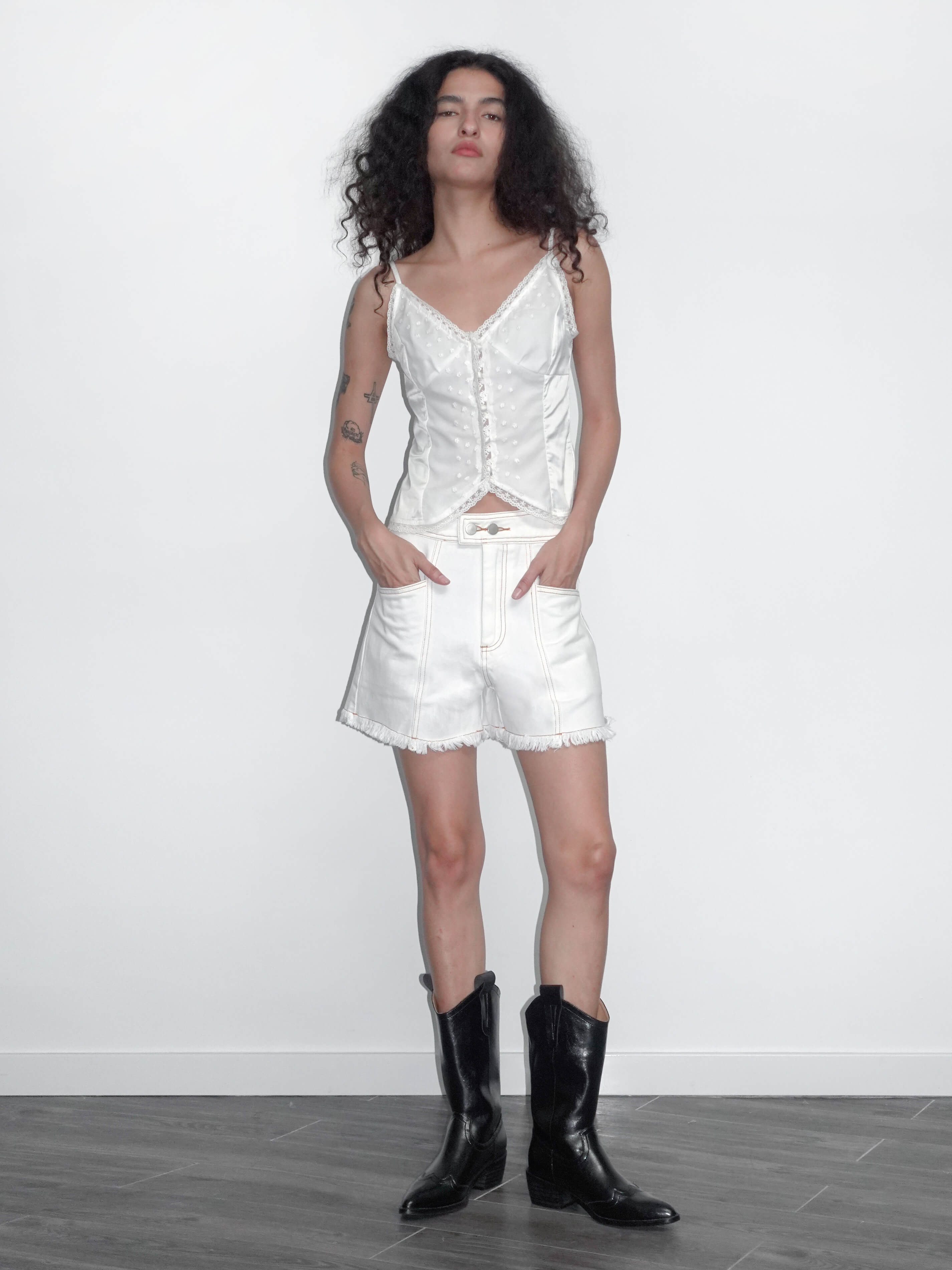 High Rise Denim Shorts with Raw Edge-9