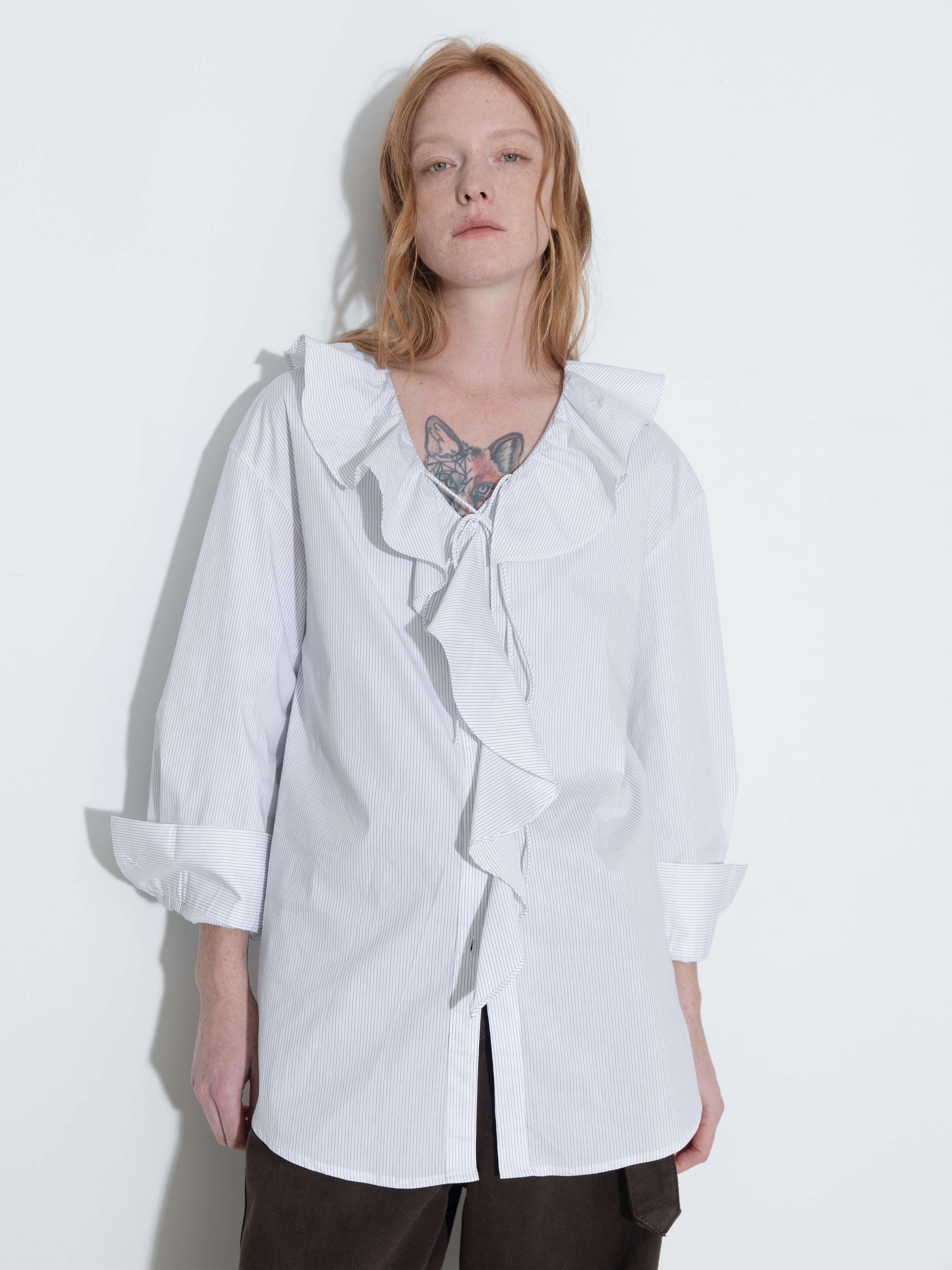 Ruffle Collar Striped Shirt-9