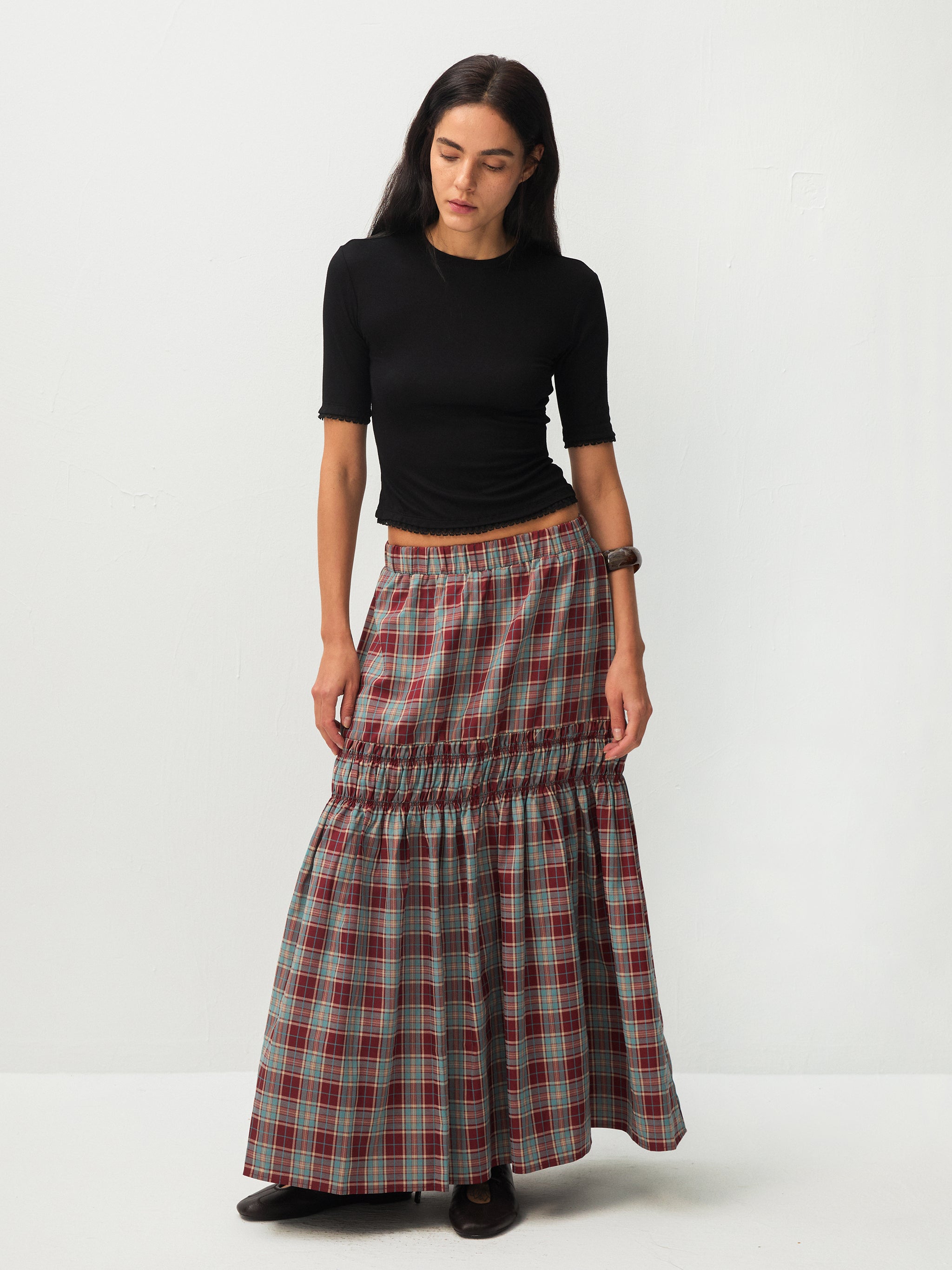 Elastic Drawstring High Waist Checked Skirt-12