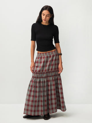 Elastic Drawstring High Waist Checked Skirt