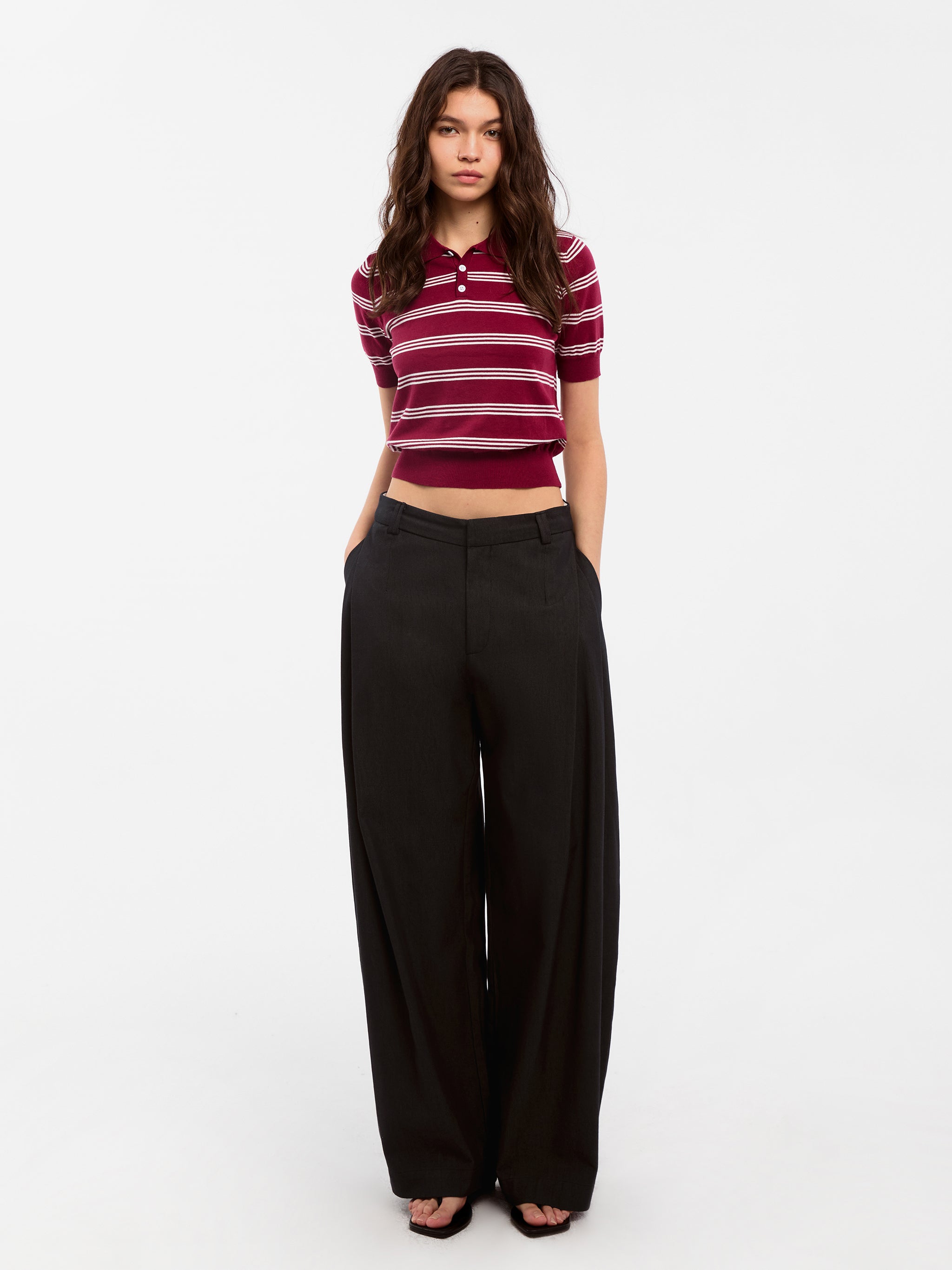 CUBIC-Striped Cropped Polo Collar Cotton T-Shirt-8