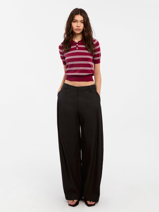 CUBIC-Striped Cropped Polo Collar Cotton T-Shirt