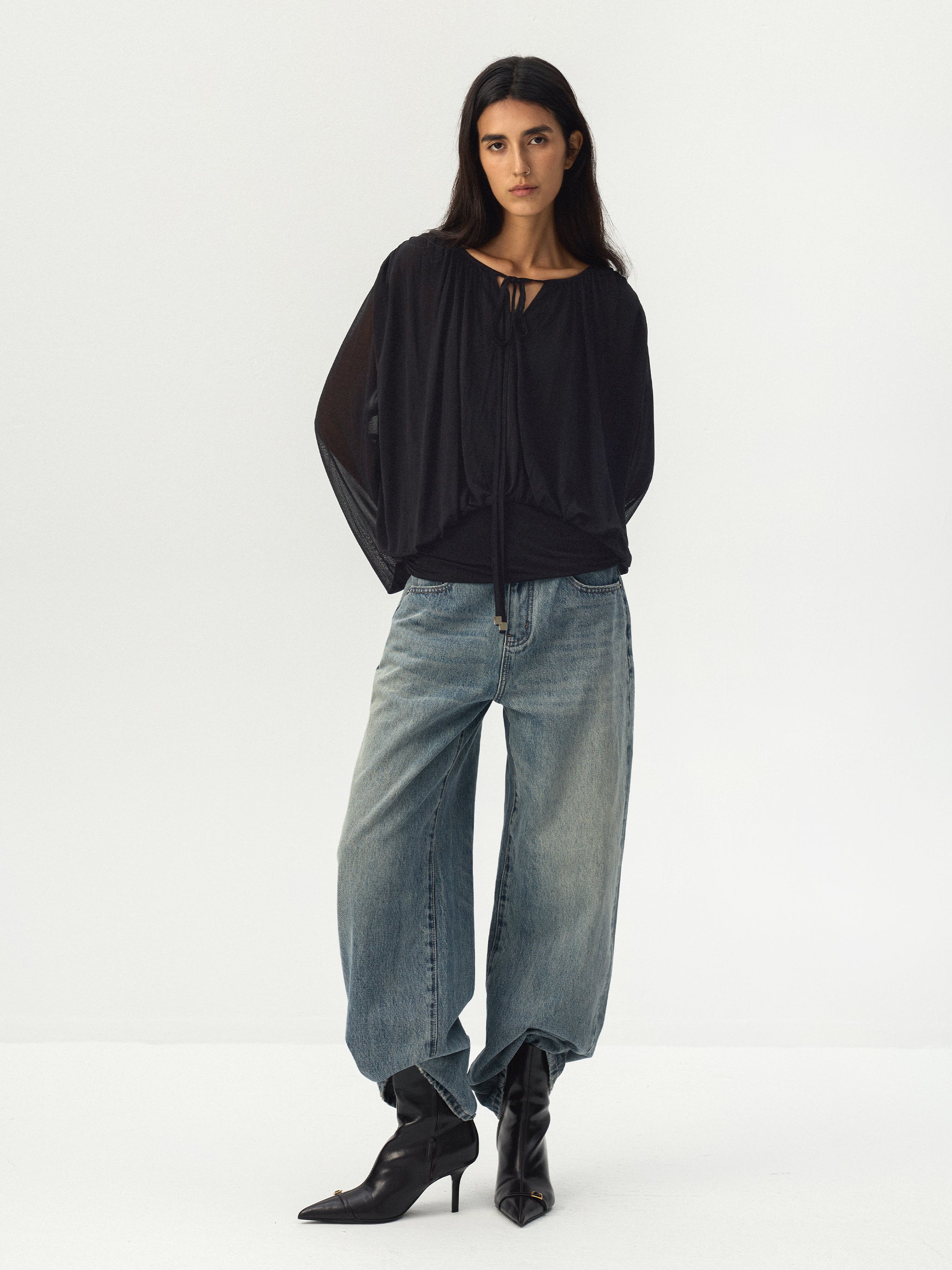 CUBIC Tie Neck Batwing Blouse-8