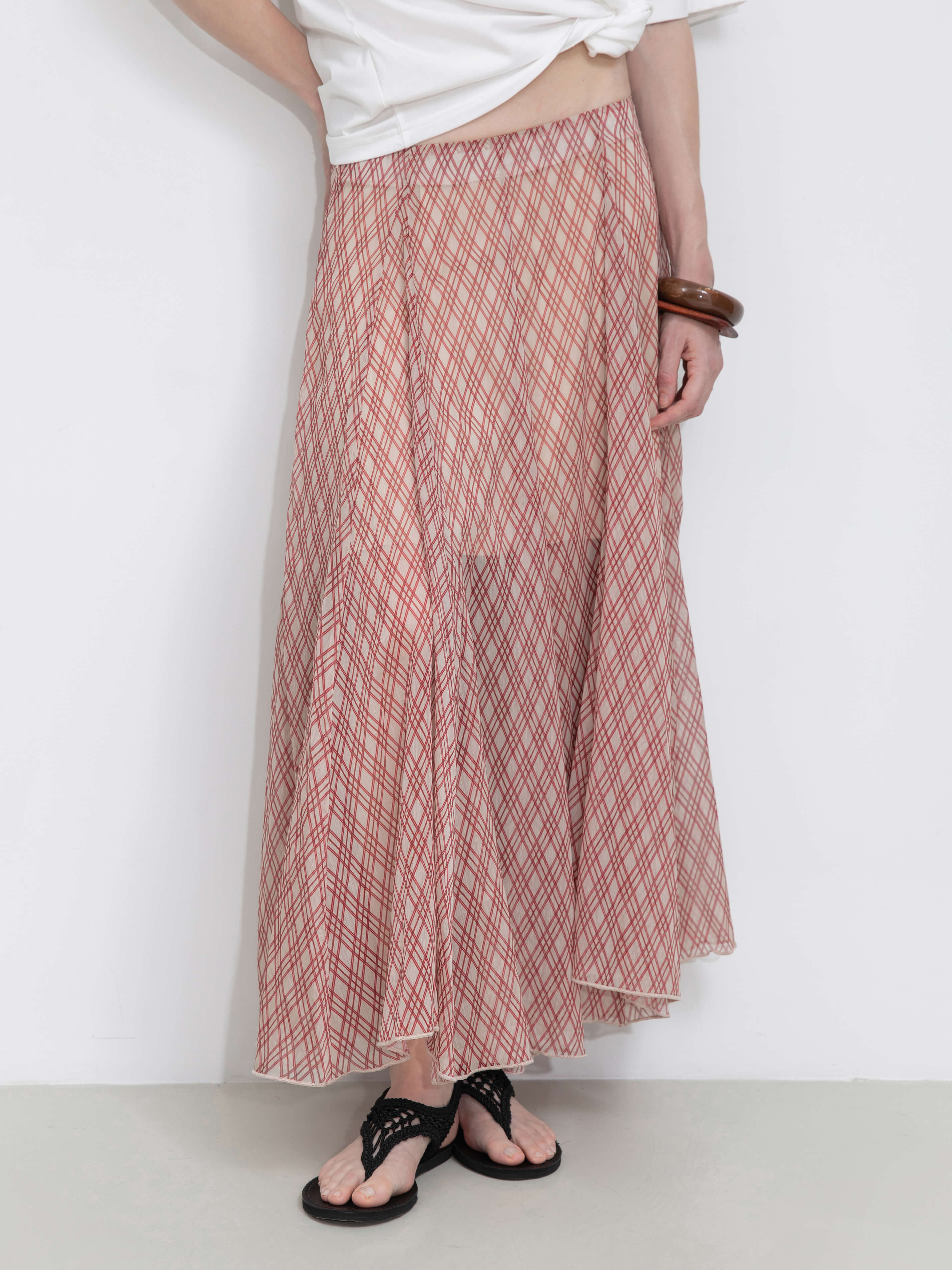 Asymmetrical Flowy Check Maxi Skirt-Red-2