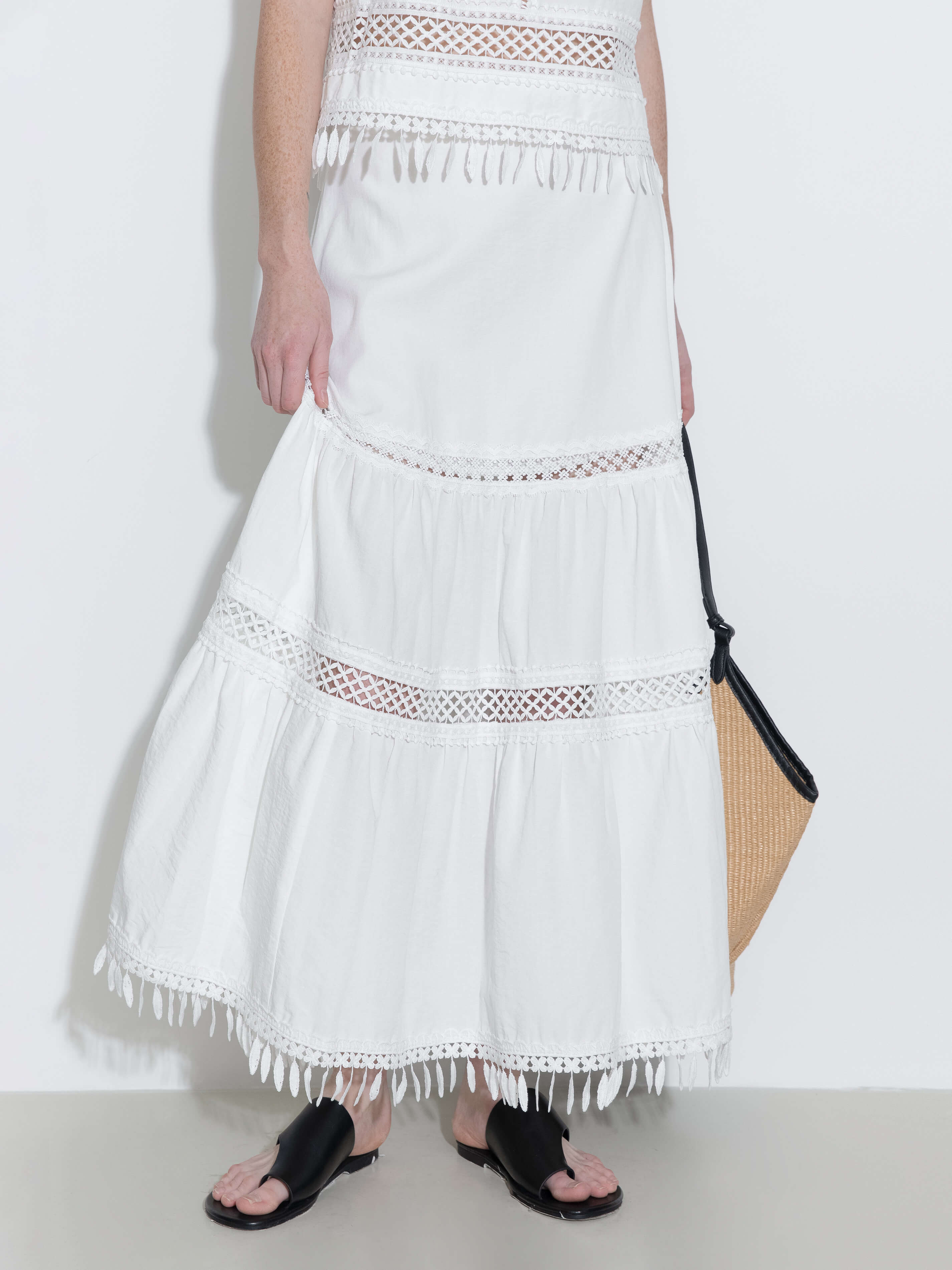 High-Waisted Hollow Out Tassel Trim Maxi Skirt-9