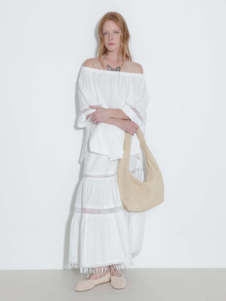 High-Waisted Hollow Out Tassel Trim Maxi Skirt
