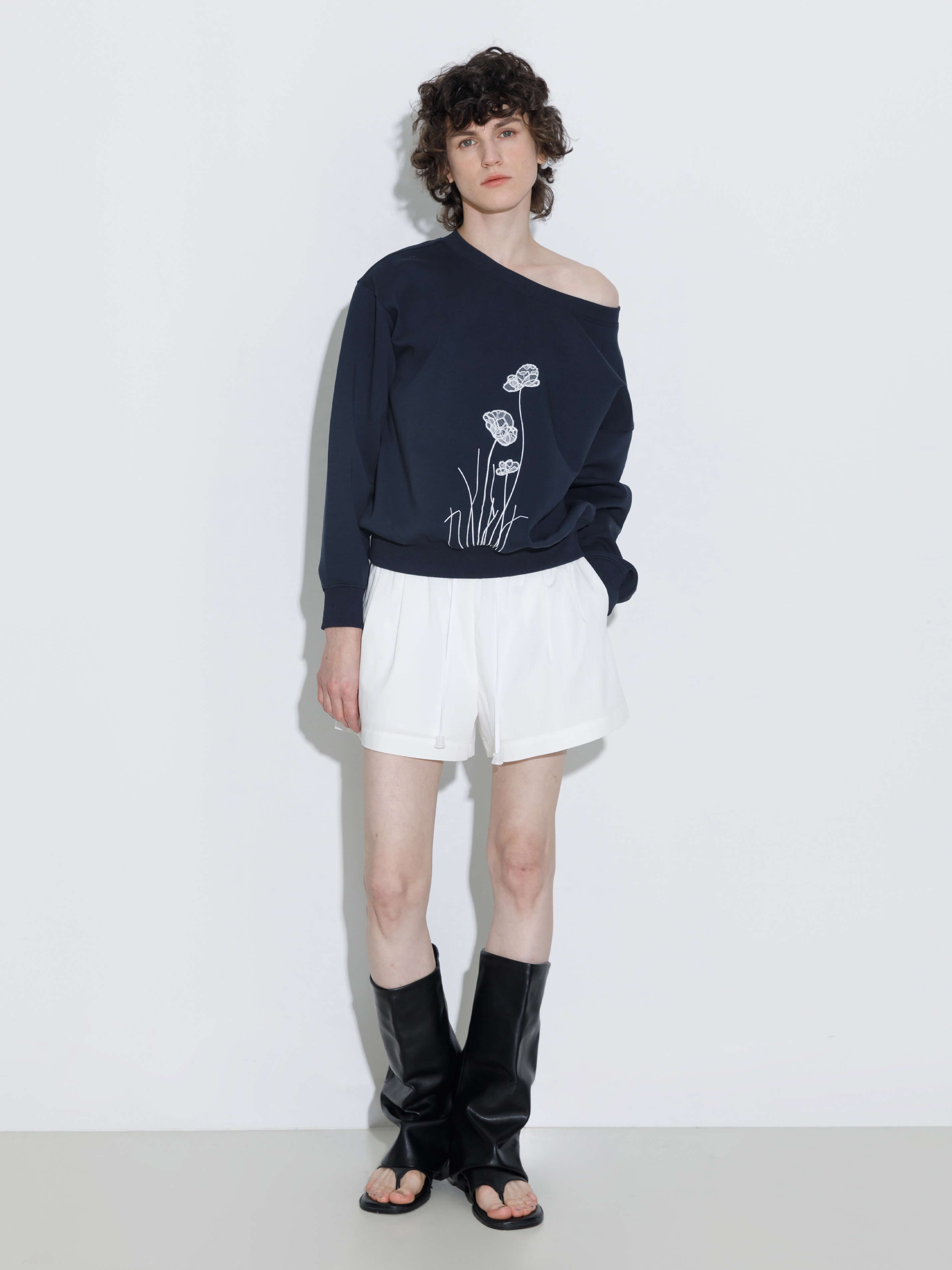 Lace Print Oversized Sweatshirt with Wide Neckline-6