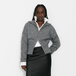 Retro Stand Collar Zip-Up Cardigan