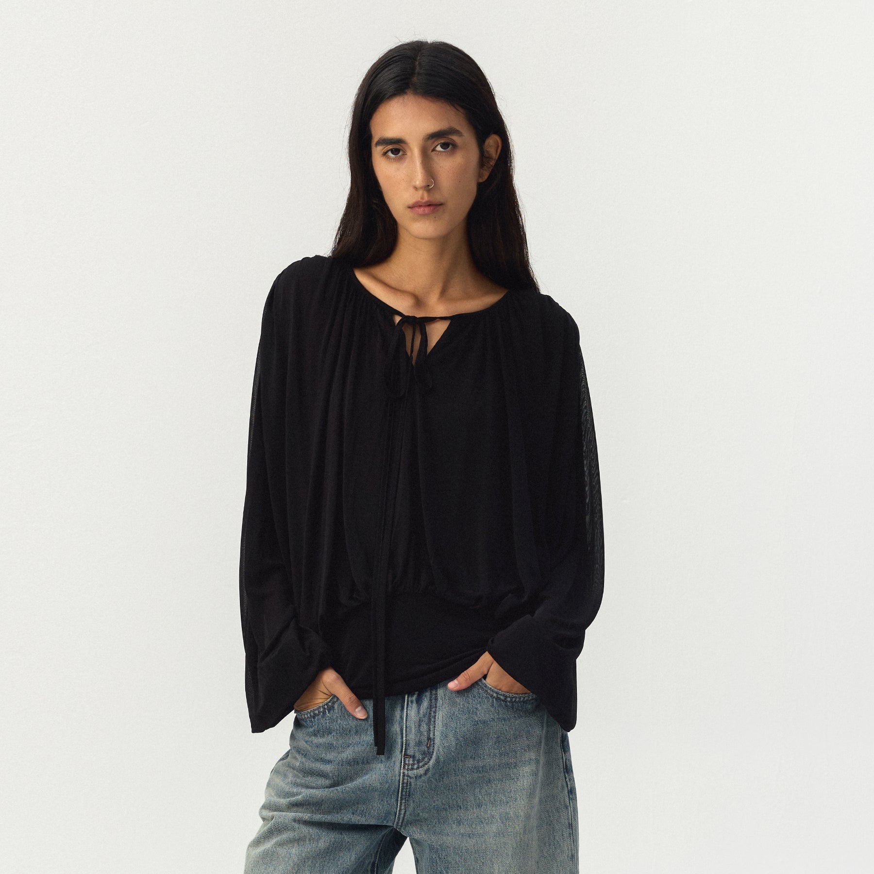CUBIC Tie Neck Batwing Blouse-9