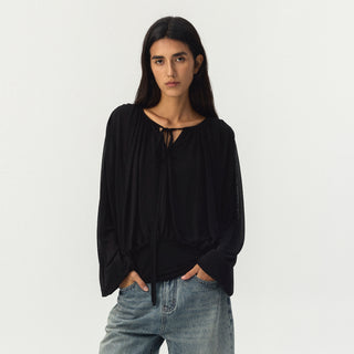CUBIC Tie Neck Batwing Blouse