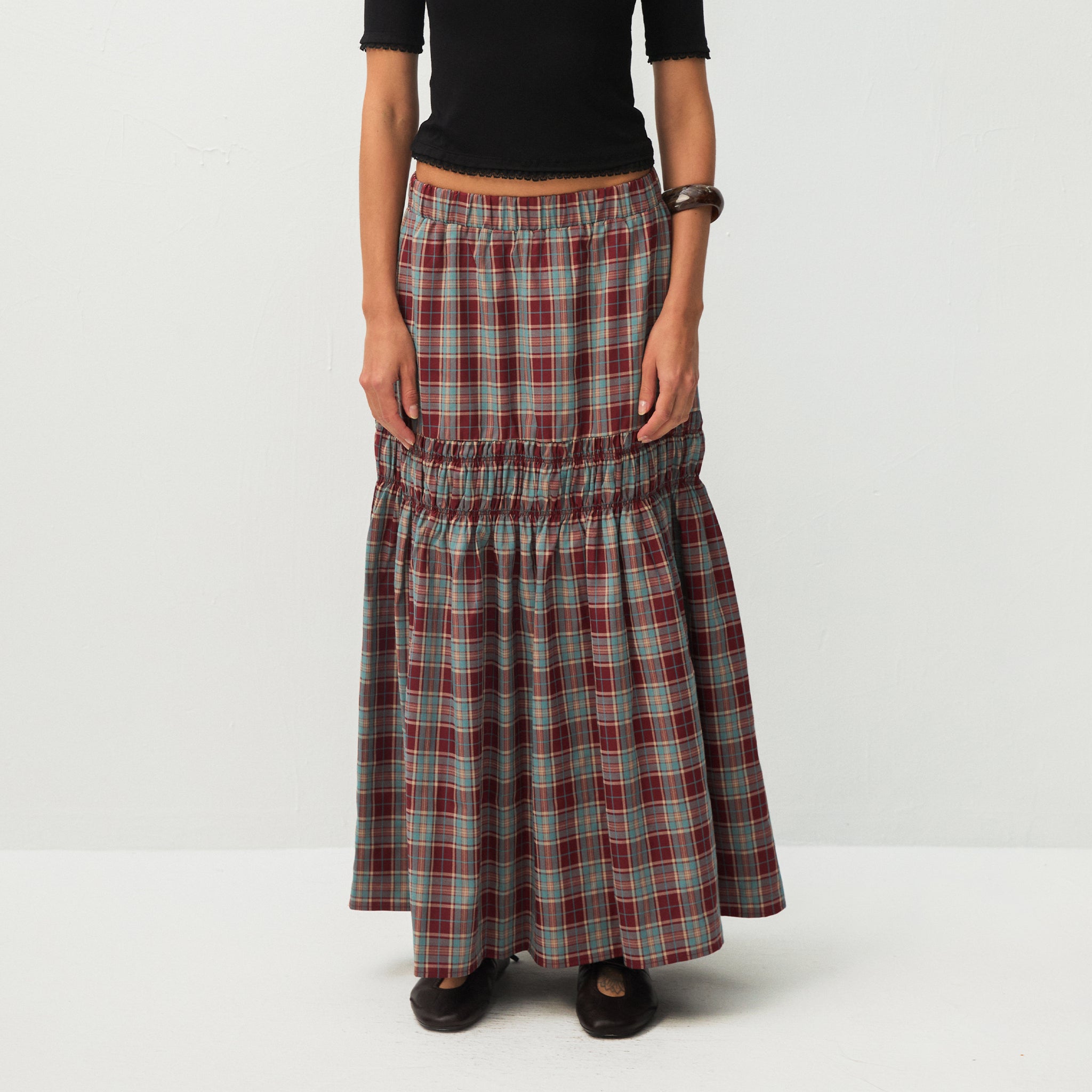 Elastic Drawstring High Waist Checked Skirt-16