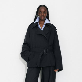 Dark Oversized Waist-Cinched Down Coat