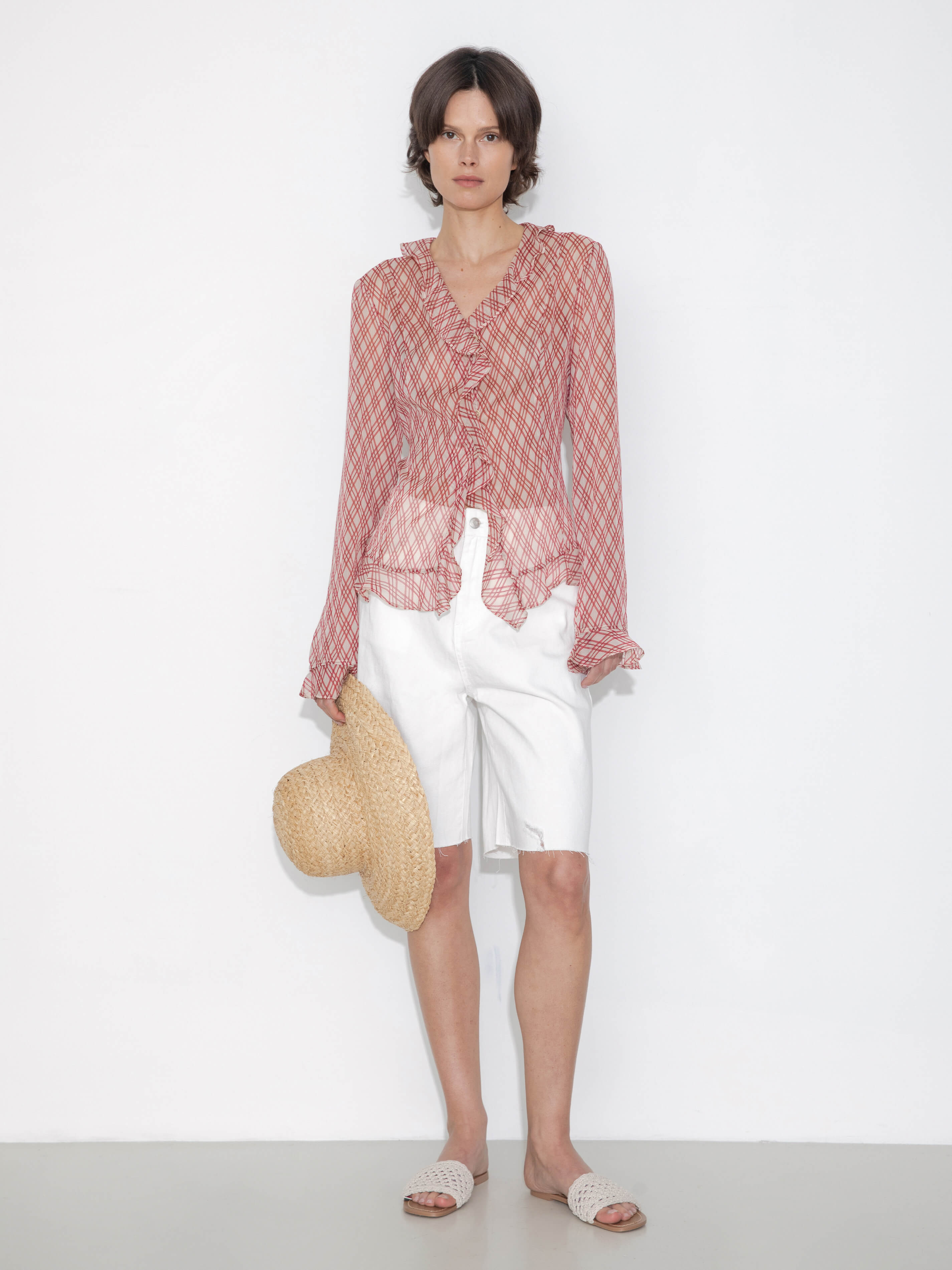 Semi-Sheer Ruffle Trim Check Shirt-12