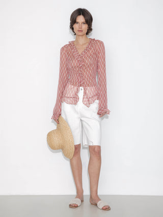 Semi-Sheer Ruffle Trim Check Shirt