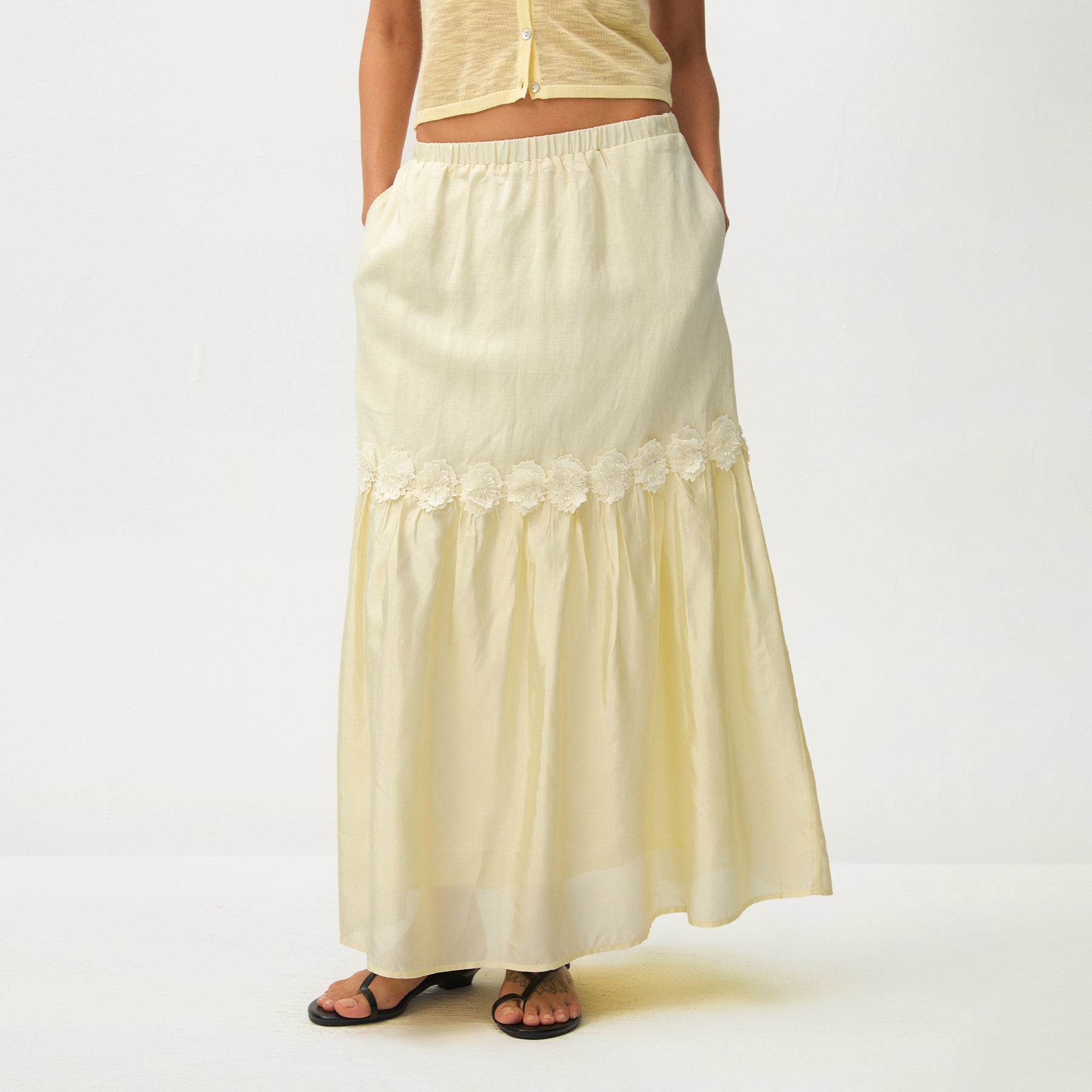 CUBIC Floral Appliqué Tiered Maxi Skirt-9