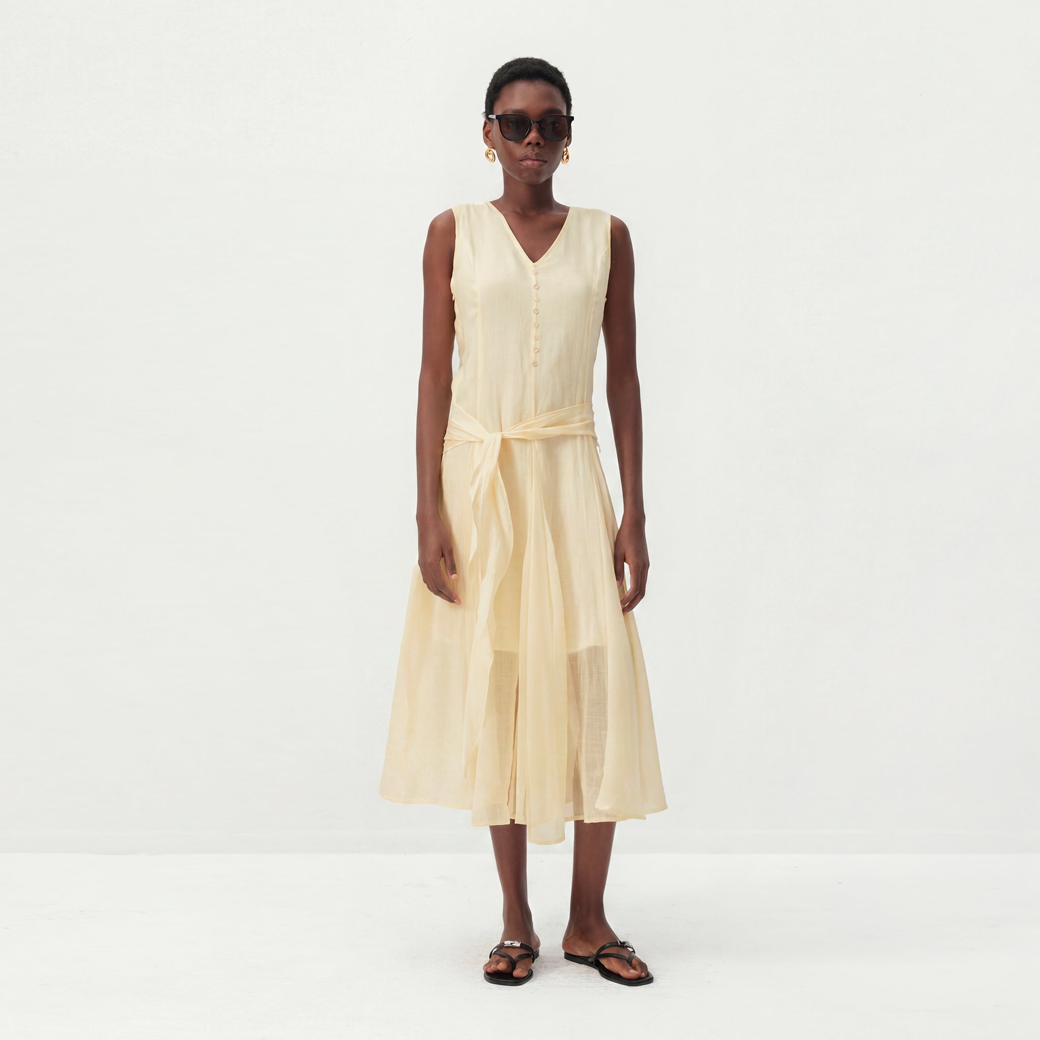 CUBIC Ramie & Chiffon Two-Piece Belted Midi Dress-9