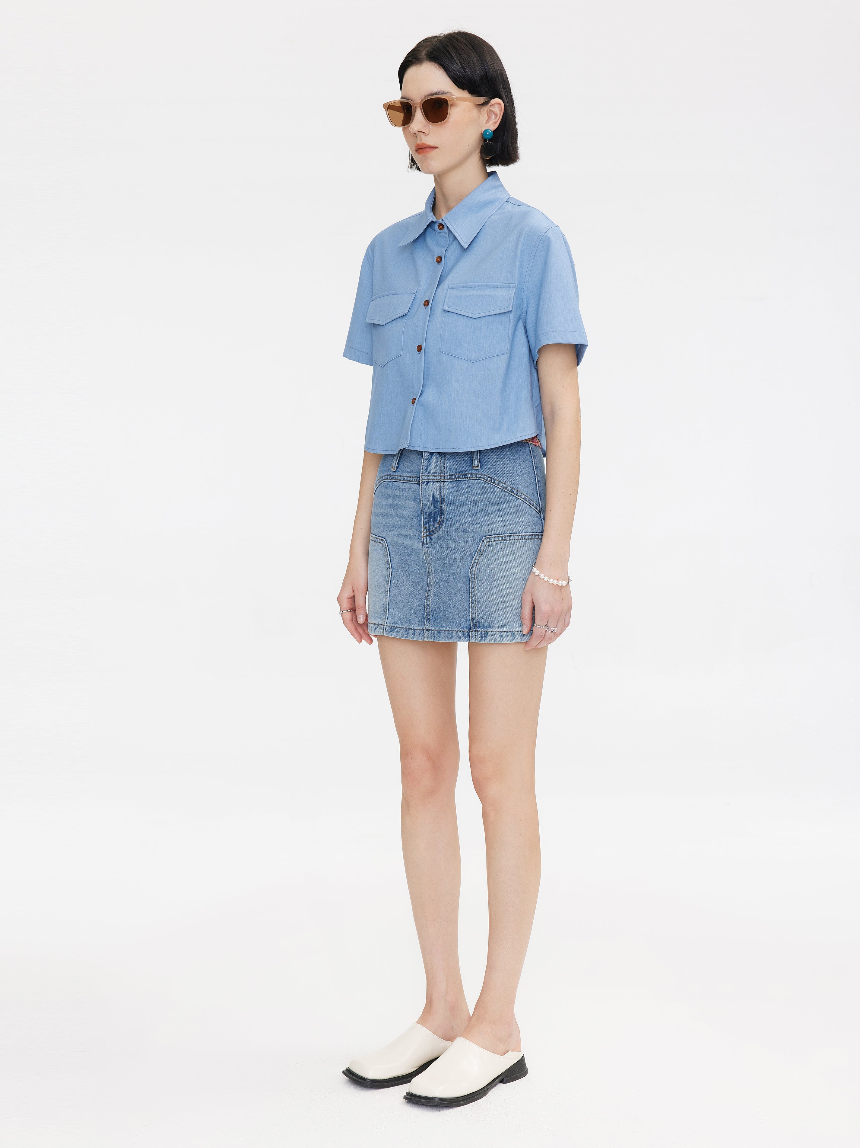 Light Blue Panelled Denim Mini Skirt-4