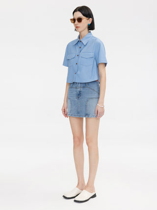Light Blue Panelled Denim Mini Skirt