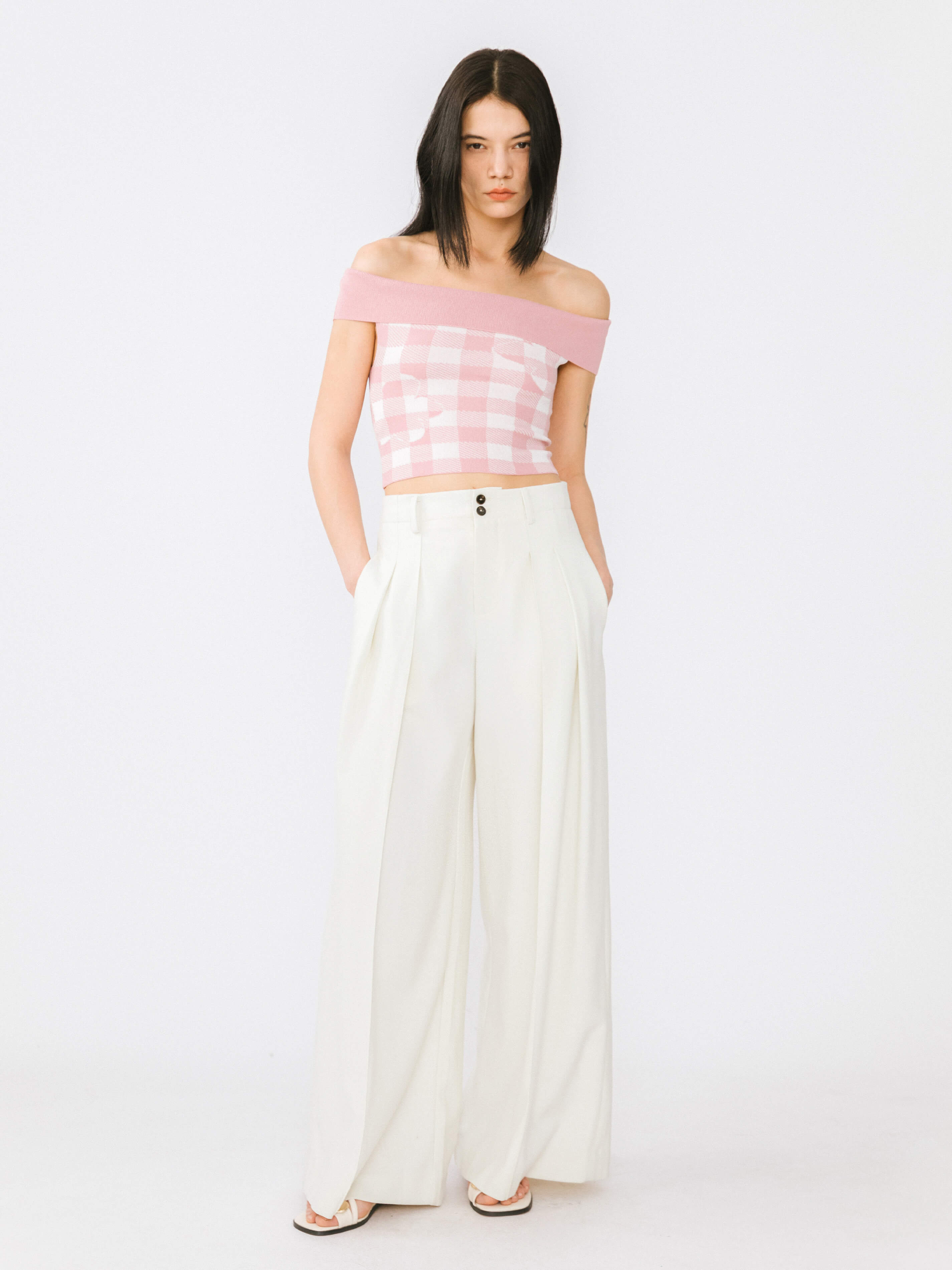 Off-Shoulder Checkered Knit Cami Top-10