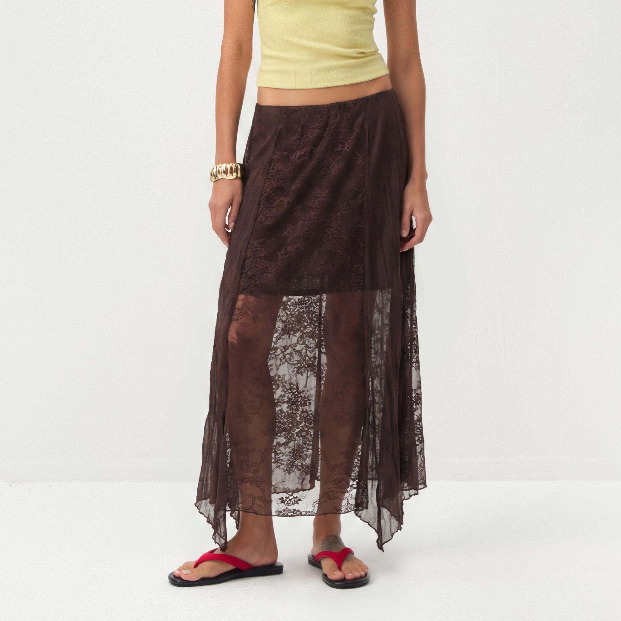 CUBIC Lace-Overlay Asymmetrical Sheer Midi Skirt-9