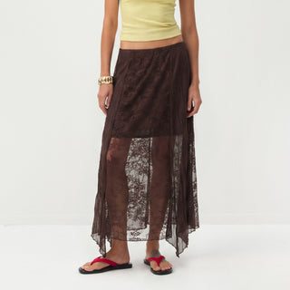 CUBIC Lace-Overlay Asymmetrical Sheer Midi Skirt