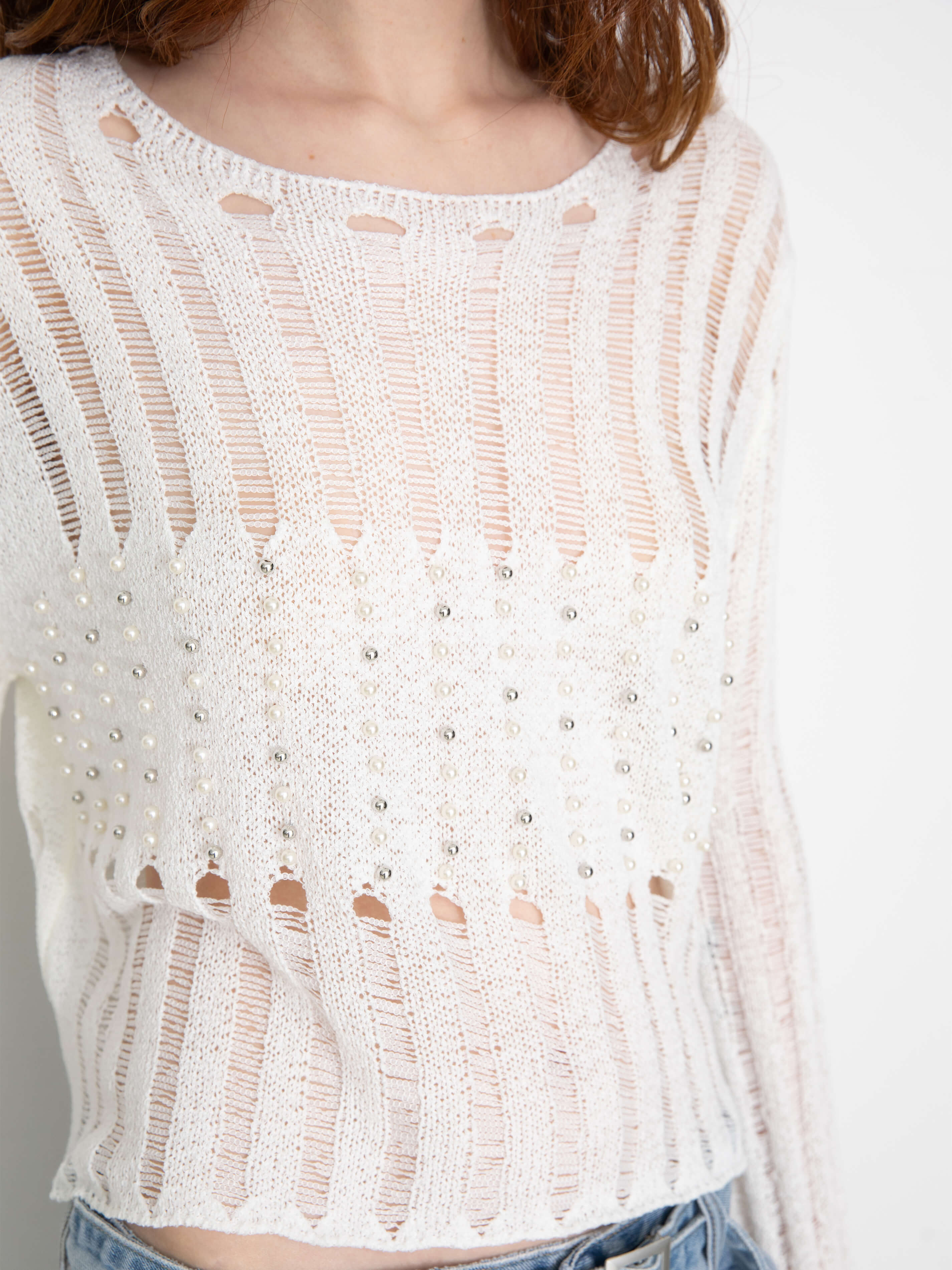 Beaded Hollow-Out Knit Top with Flare Sleeves-13