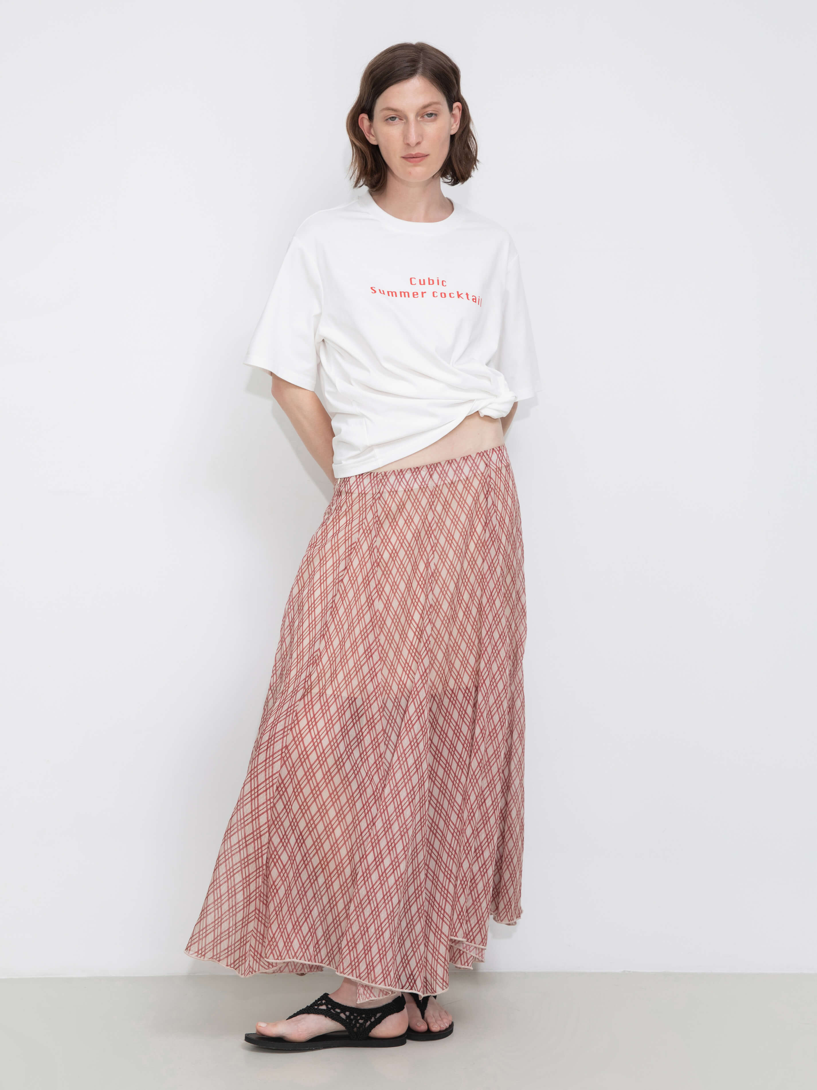 Asymmetrical Flowy Check Maxi Skirt-Red-3
