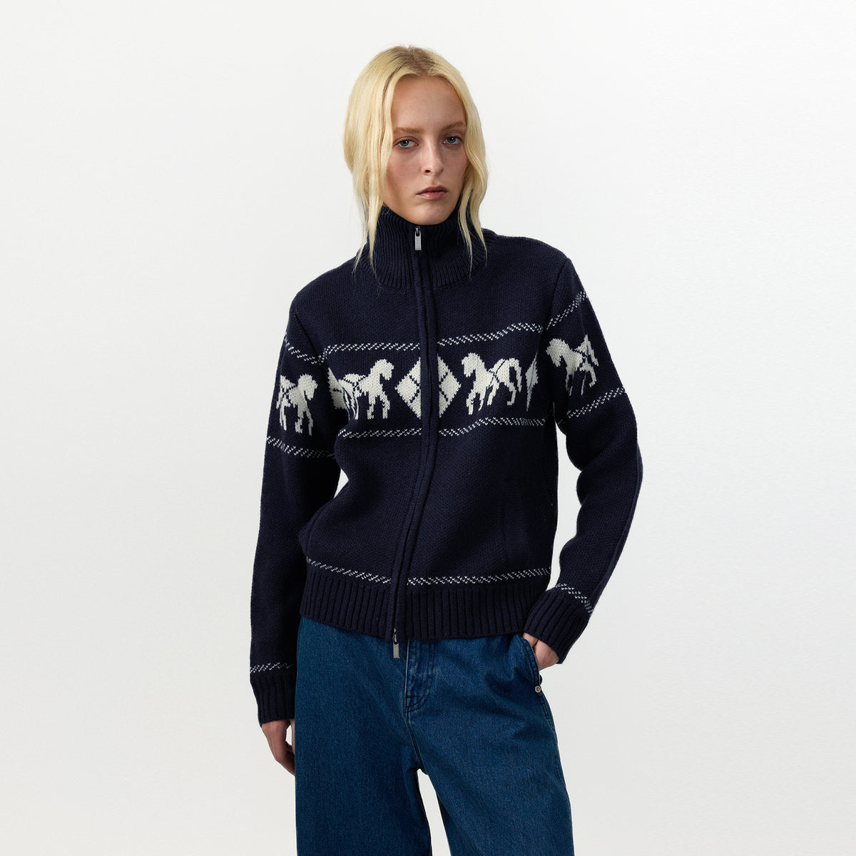 Horse Pattern Diamond Zip-Up Knit Cardigan-10