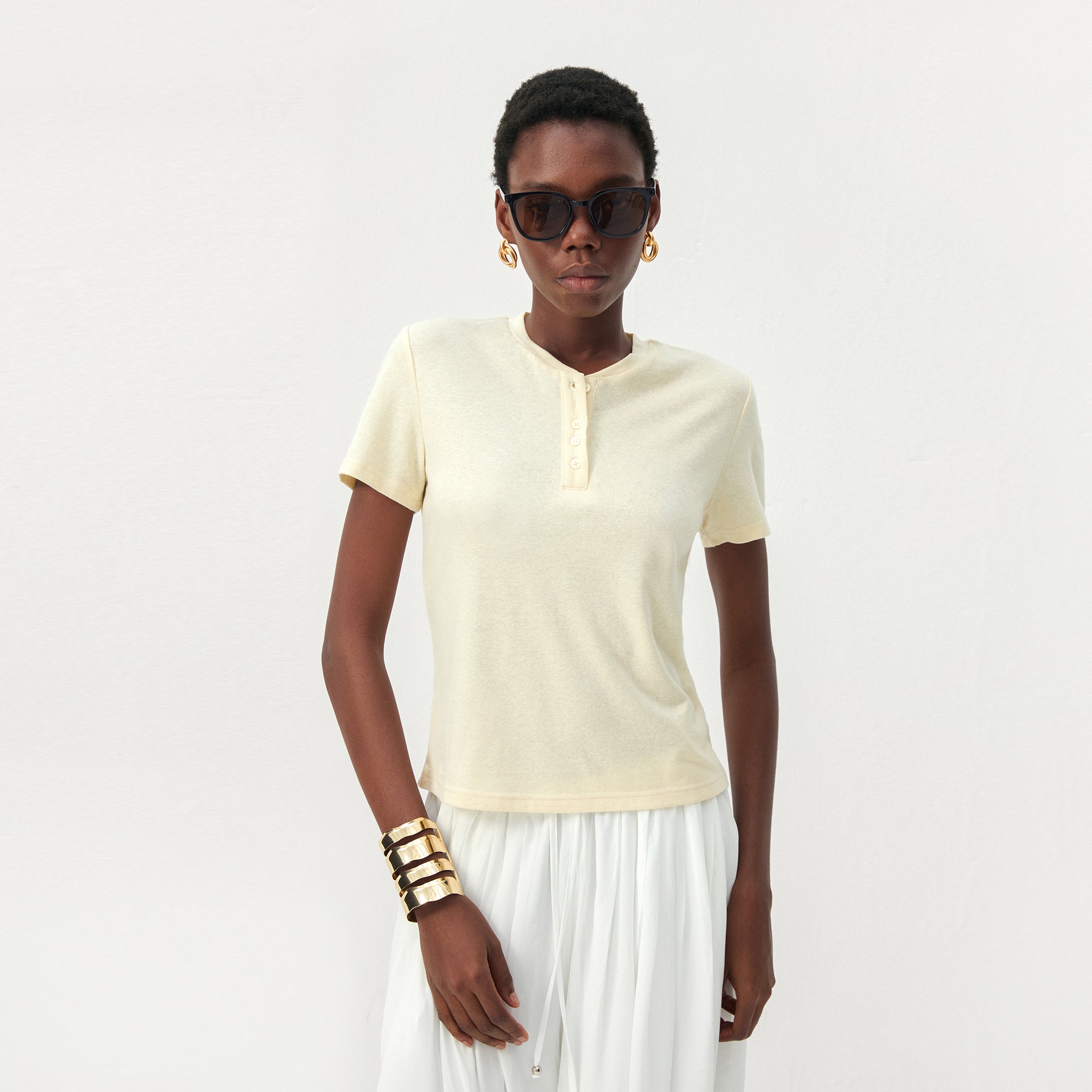 CUBIC Lyocell-Linen Blend Henley Neck Top-9