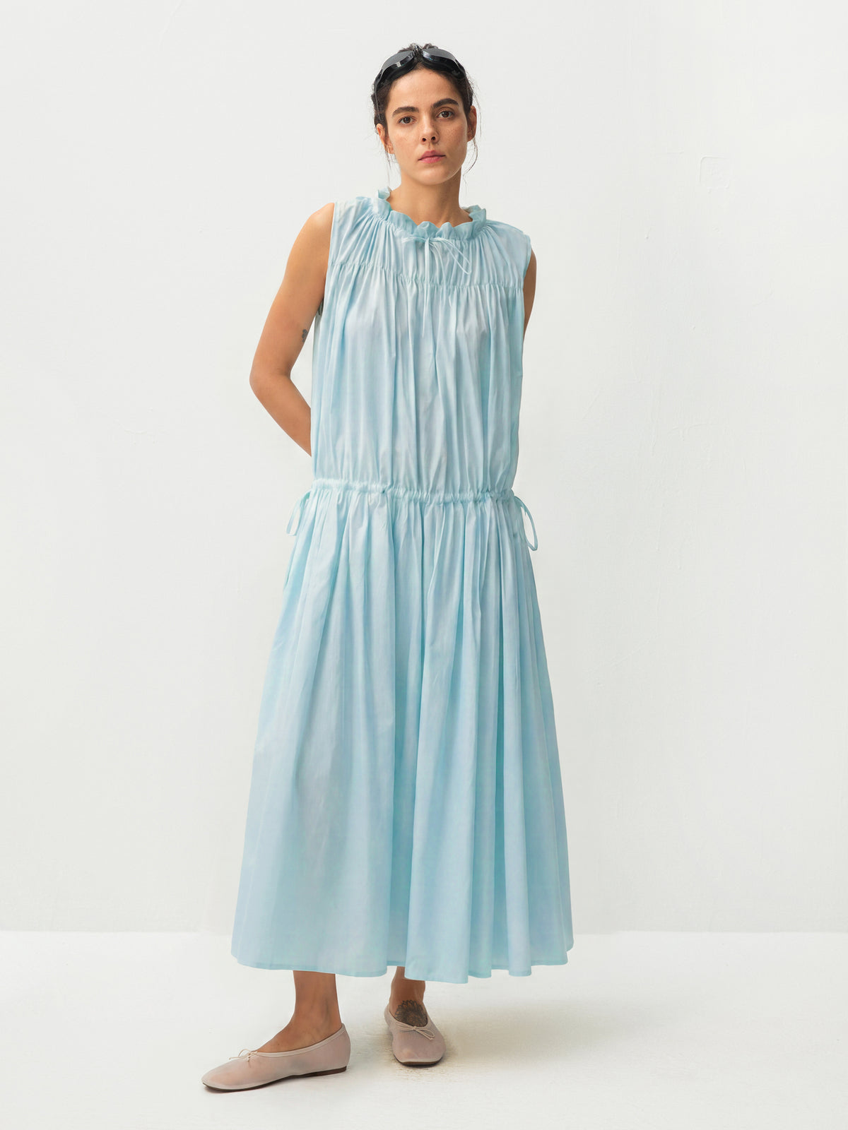 CUBIC 100% Cotton Sleeveless Gathered Maxi Dress-9