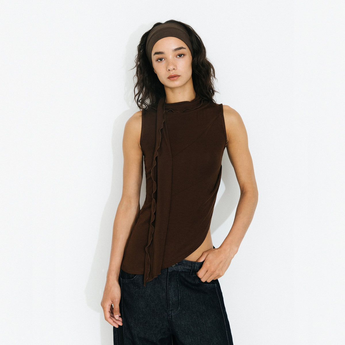 Asymmetrical Tie-Neck Flowy Sleeveless Top-9