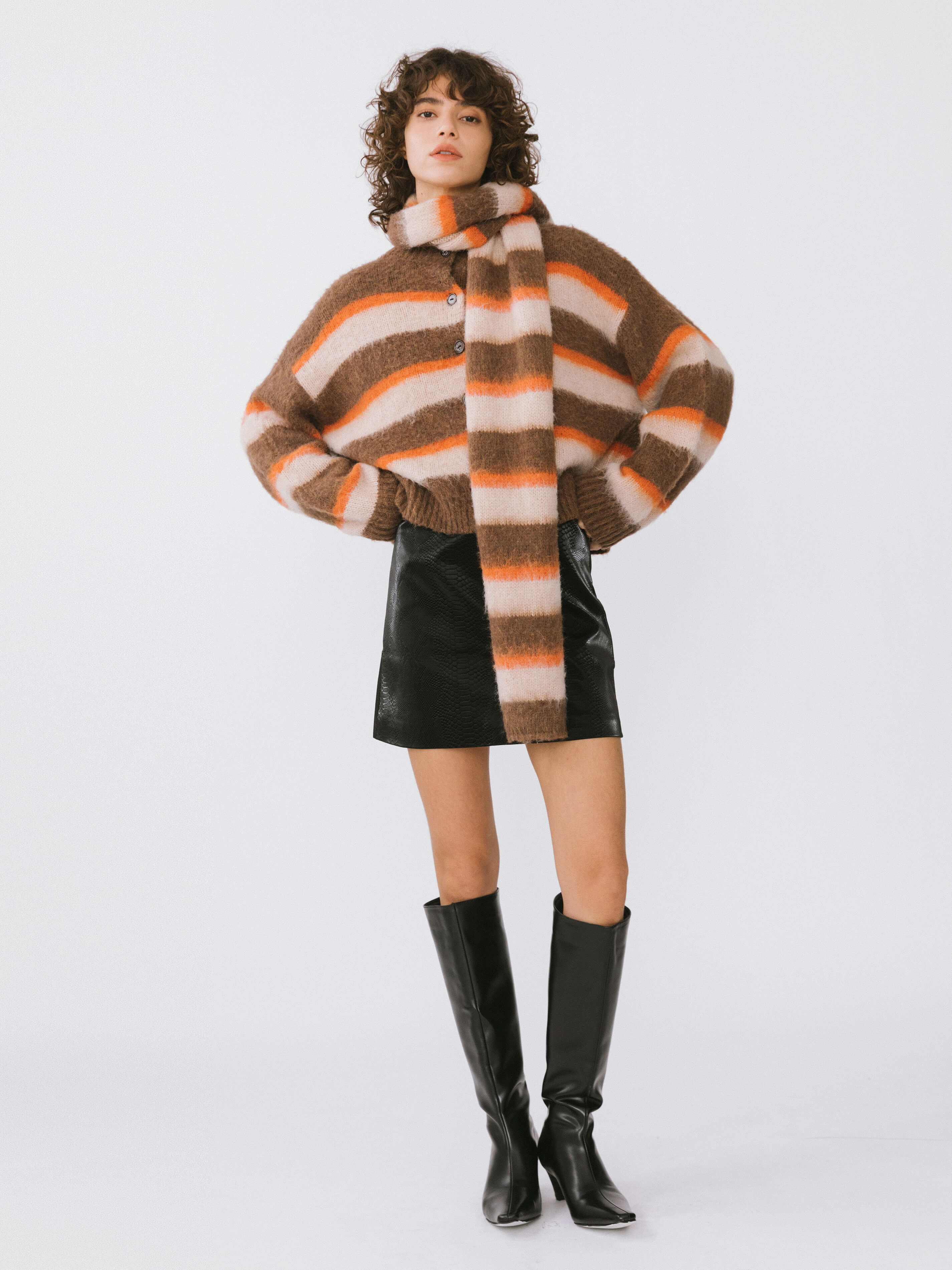 Striped Color Block Wool Knit Cardigan With Scarf-11