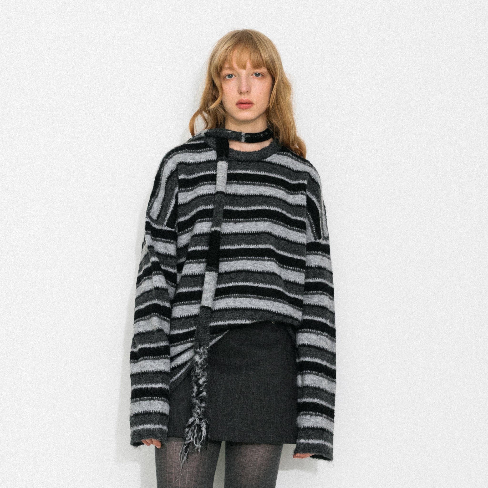 Retro Striped Pullover Sweater with Scarf-9