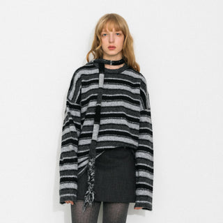 Retro Striped Pullover Sweater with Scarf