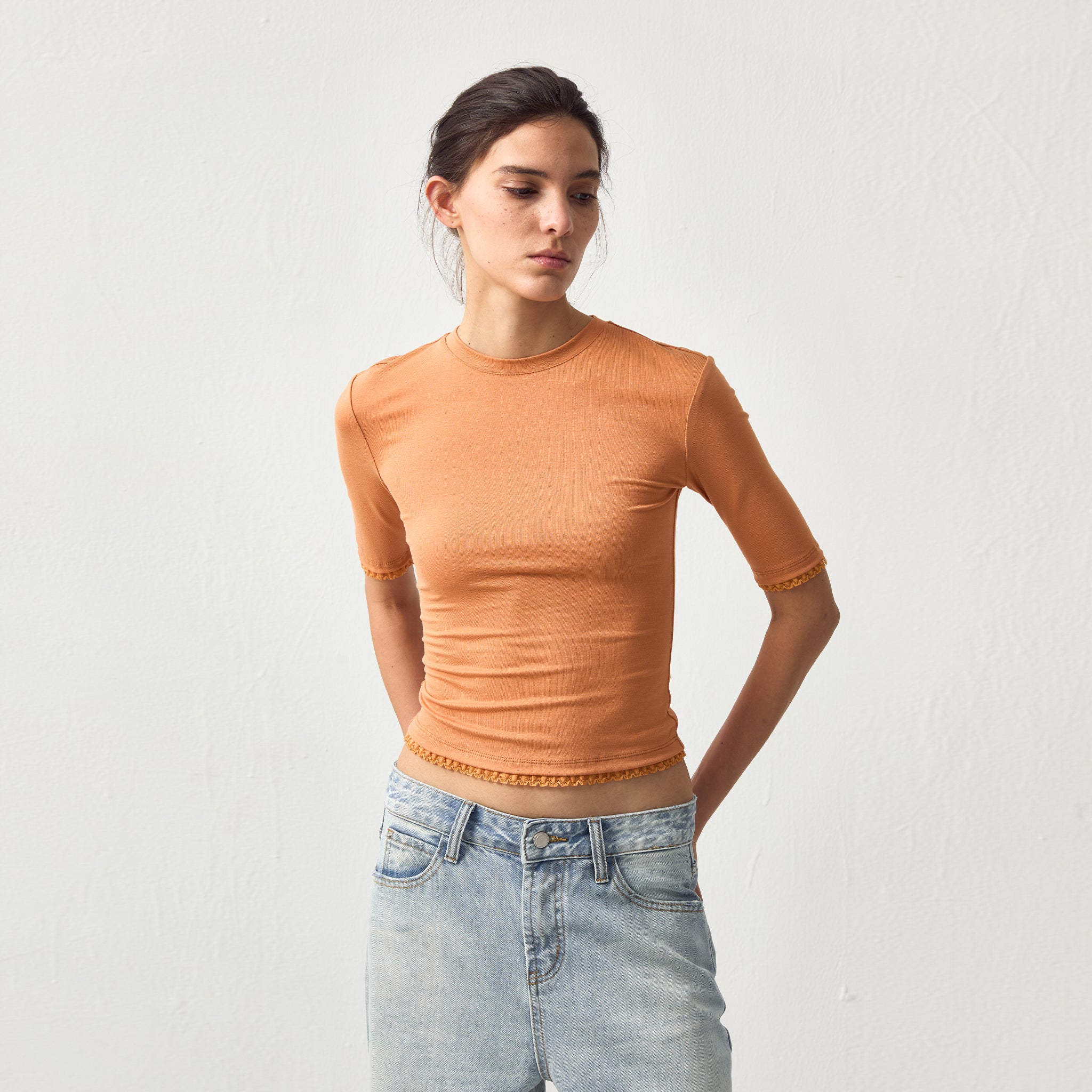 CUBIC Lace Trim Fitted Mid-Sleeve Top-9